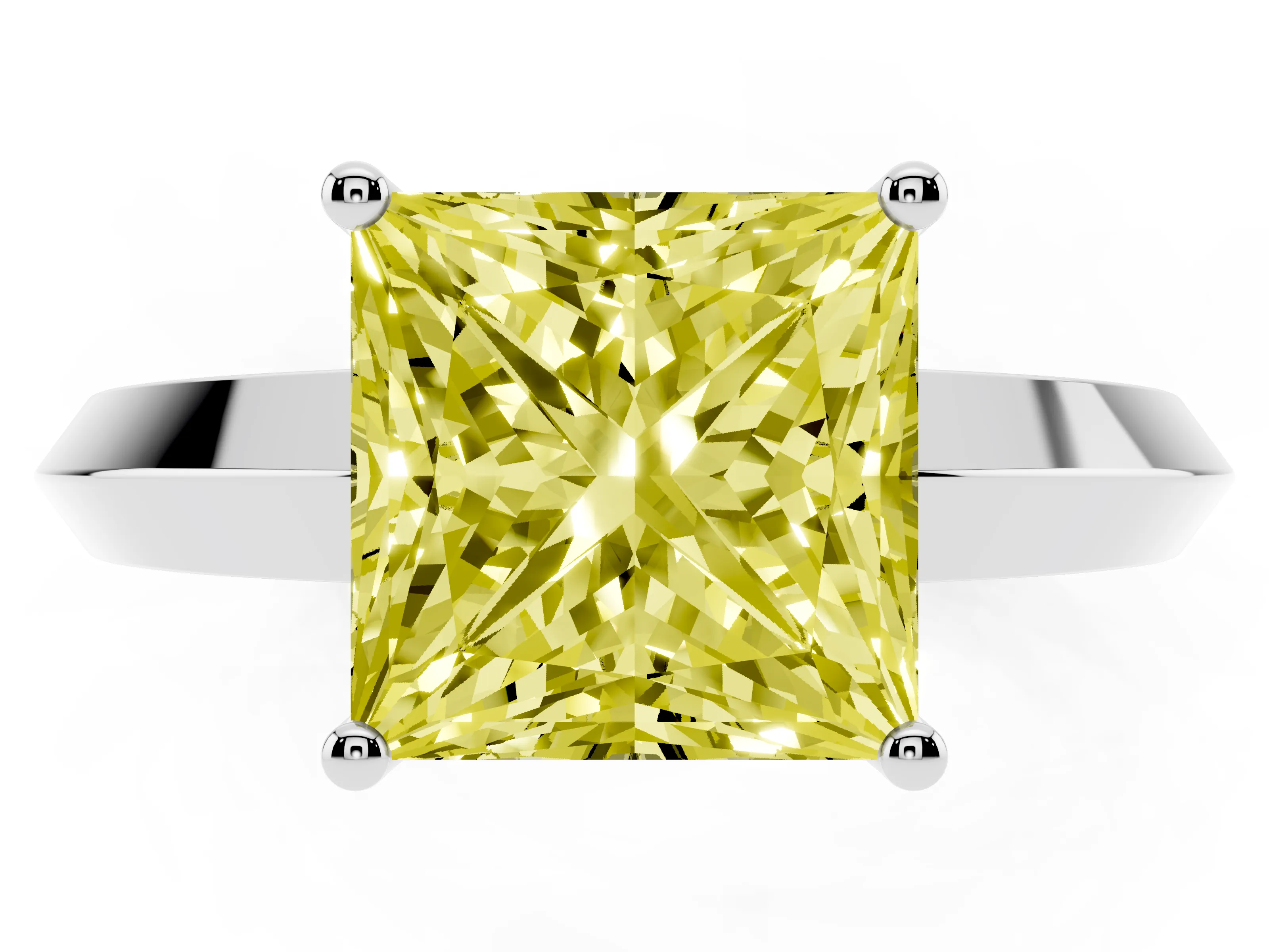 Fancy Yellow Princess Cut Diamond Solitaire Engagement Ring Set in Platinum with Flat Band and Prong Setting