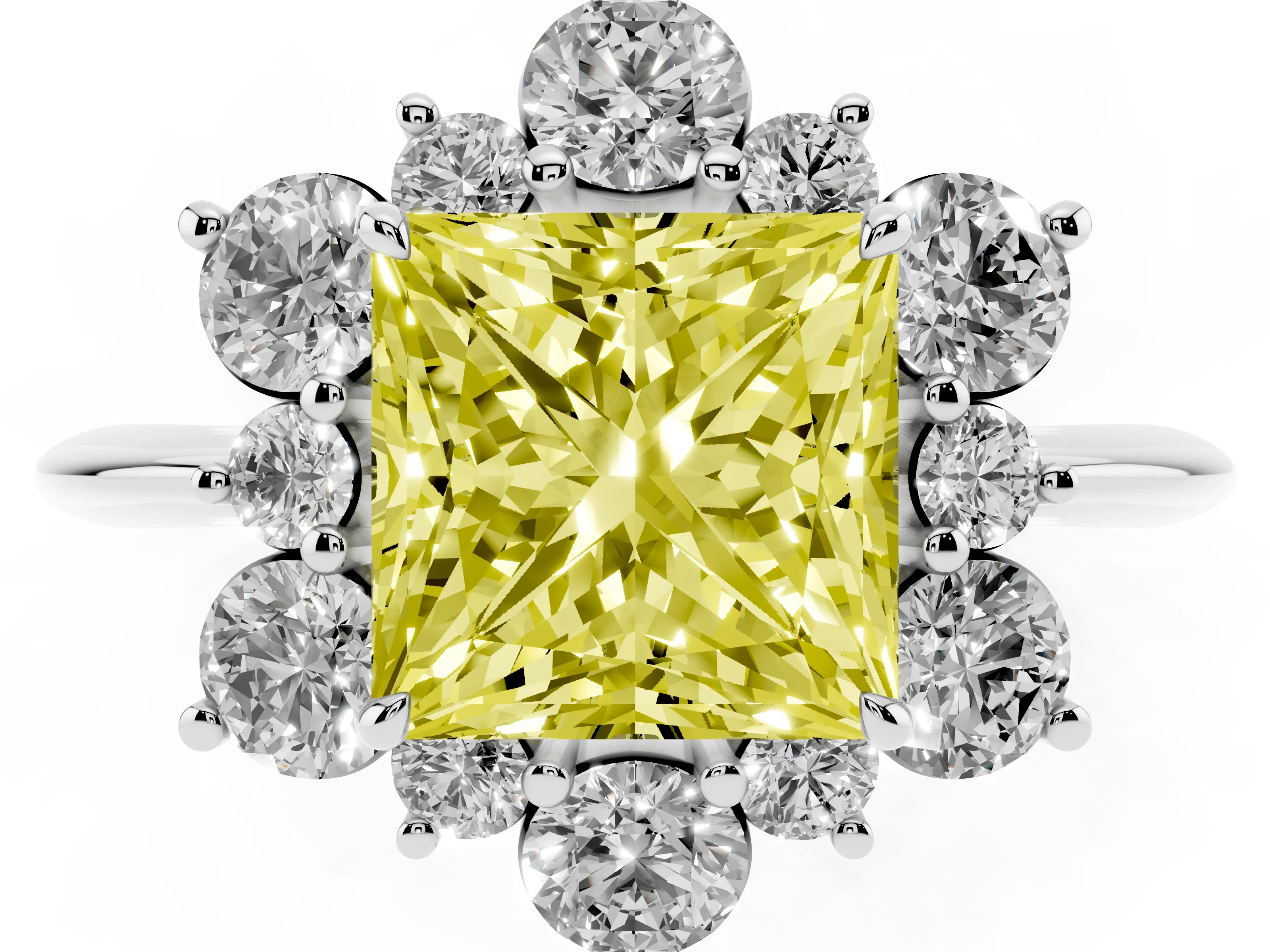 Fancy Yellow Princess Cut Diamond Cluster Halo Ring Set in Silver with Solitaire Band and Prong Setting
