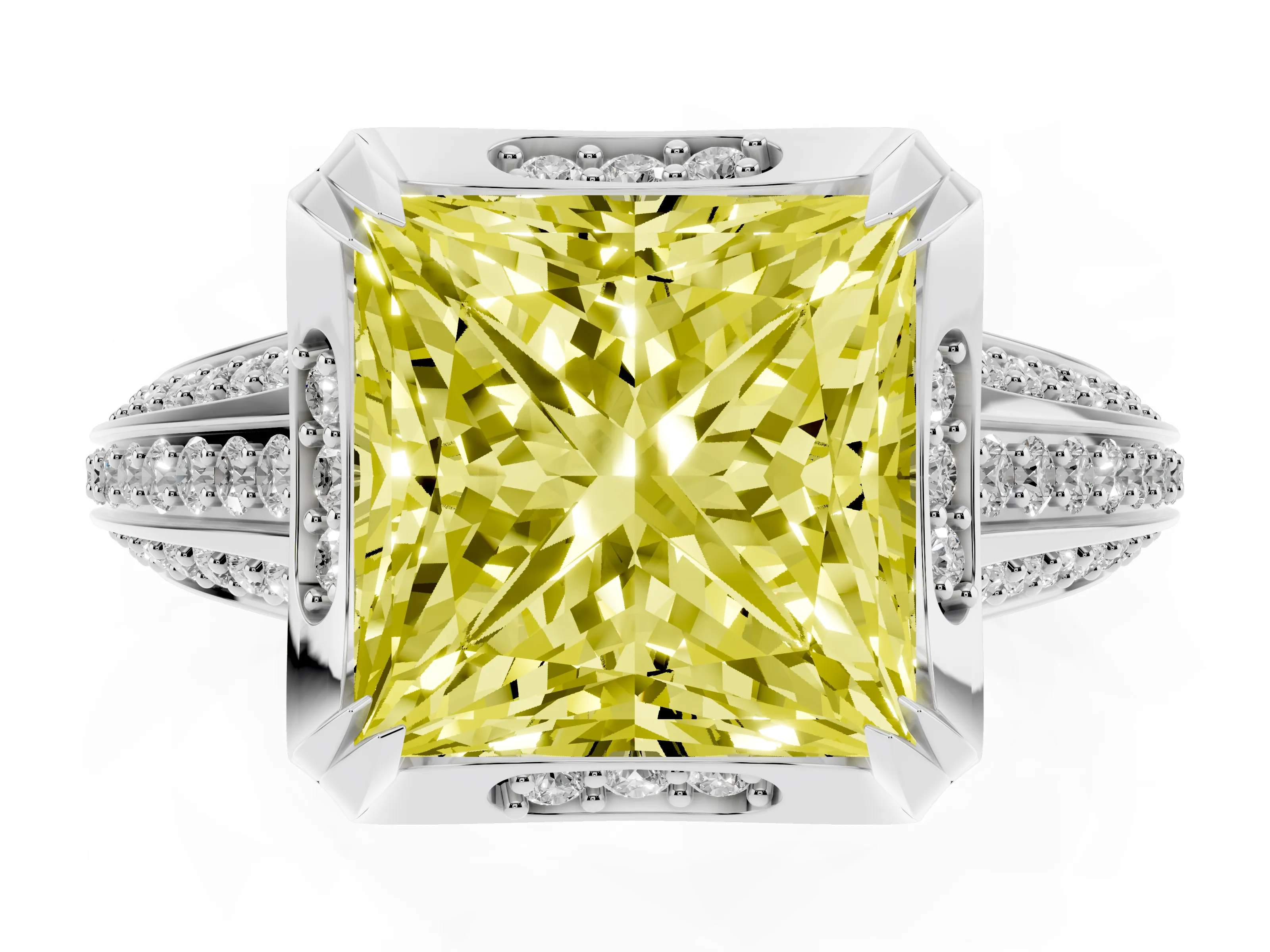 Fancy Yellow Princess Cut Diamond Pavé Split Shank Solitaire Ring Set in Silver with Prong Setting