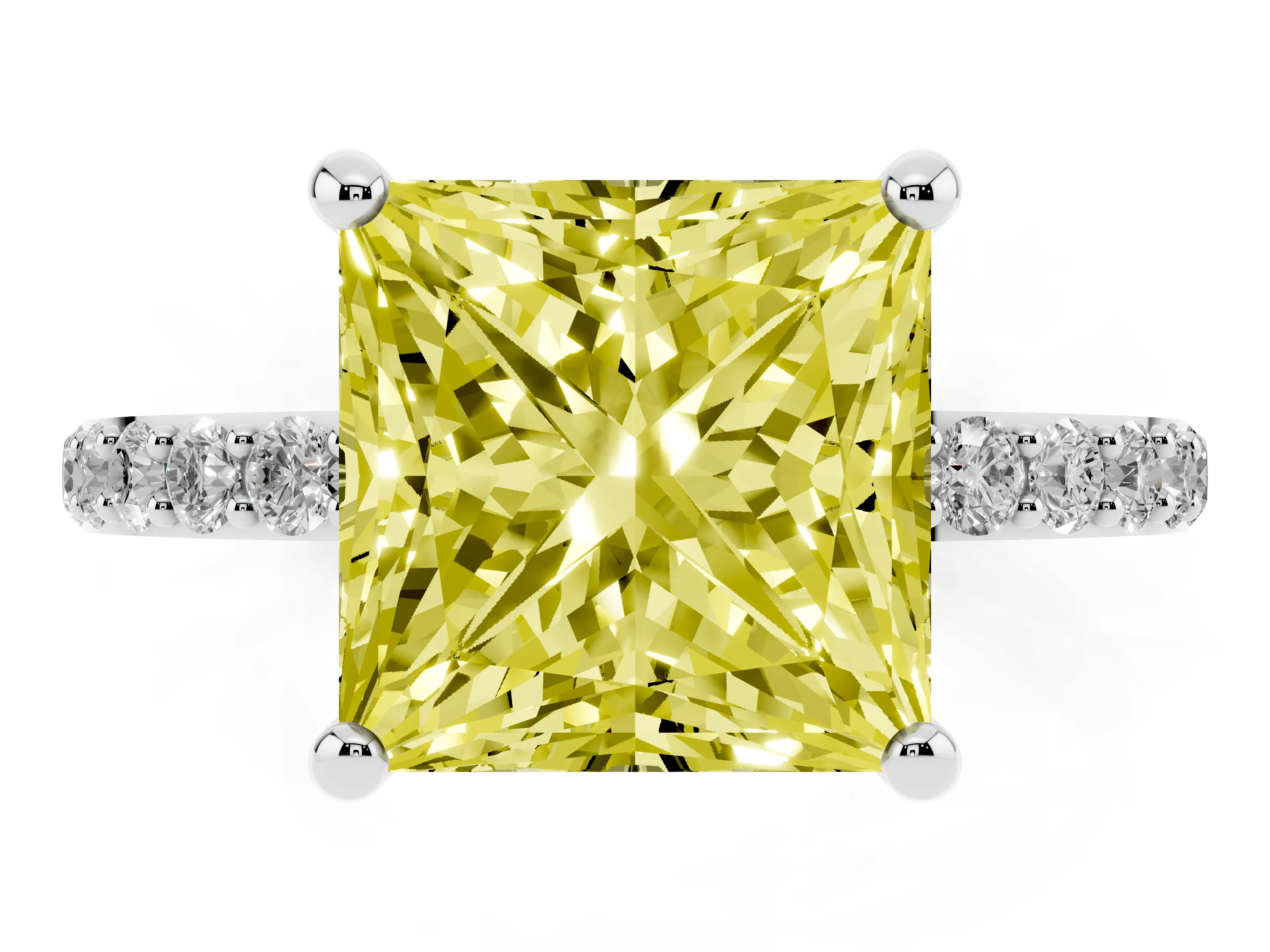 Fancy Yellow Princess Cut Diamond Solitaire Ring Set in White gold with Round Pavé Band and Prong Setting