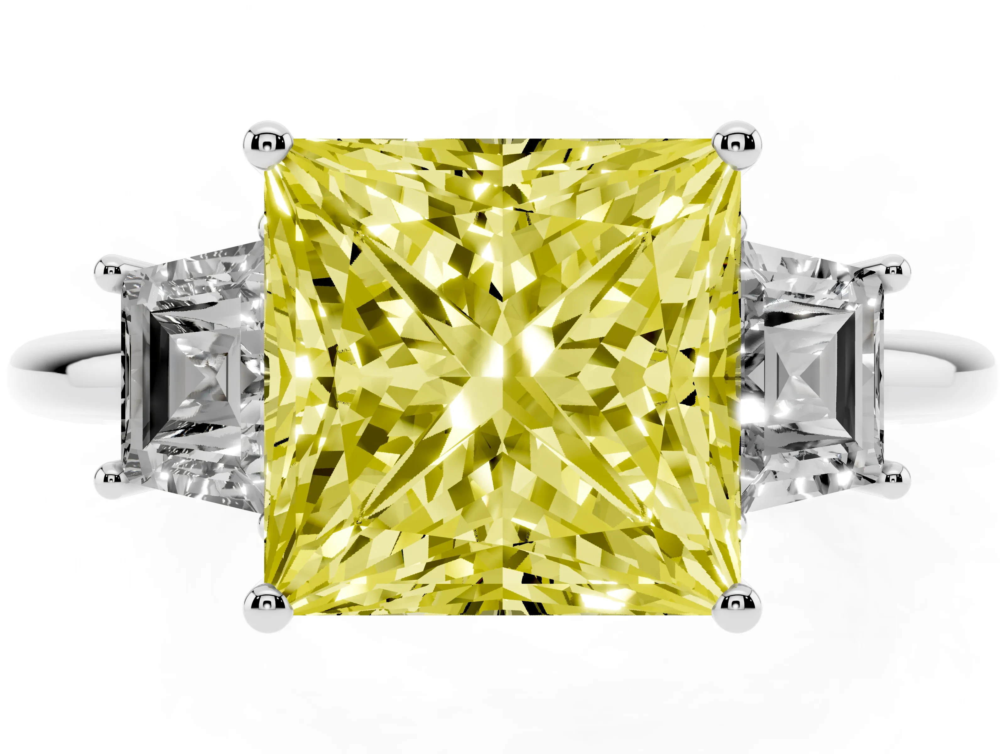 Fancy Yellow Princess Cut Diamond Three-Stone Ring Set in Silver with Trapezoid Side Stones and Prong Setting