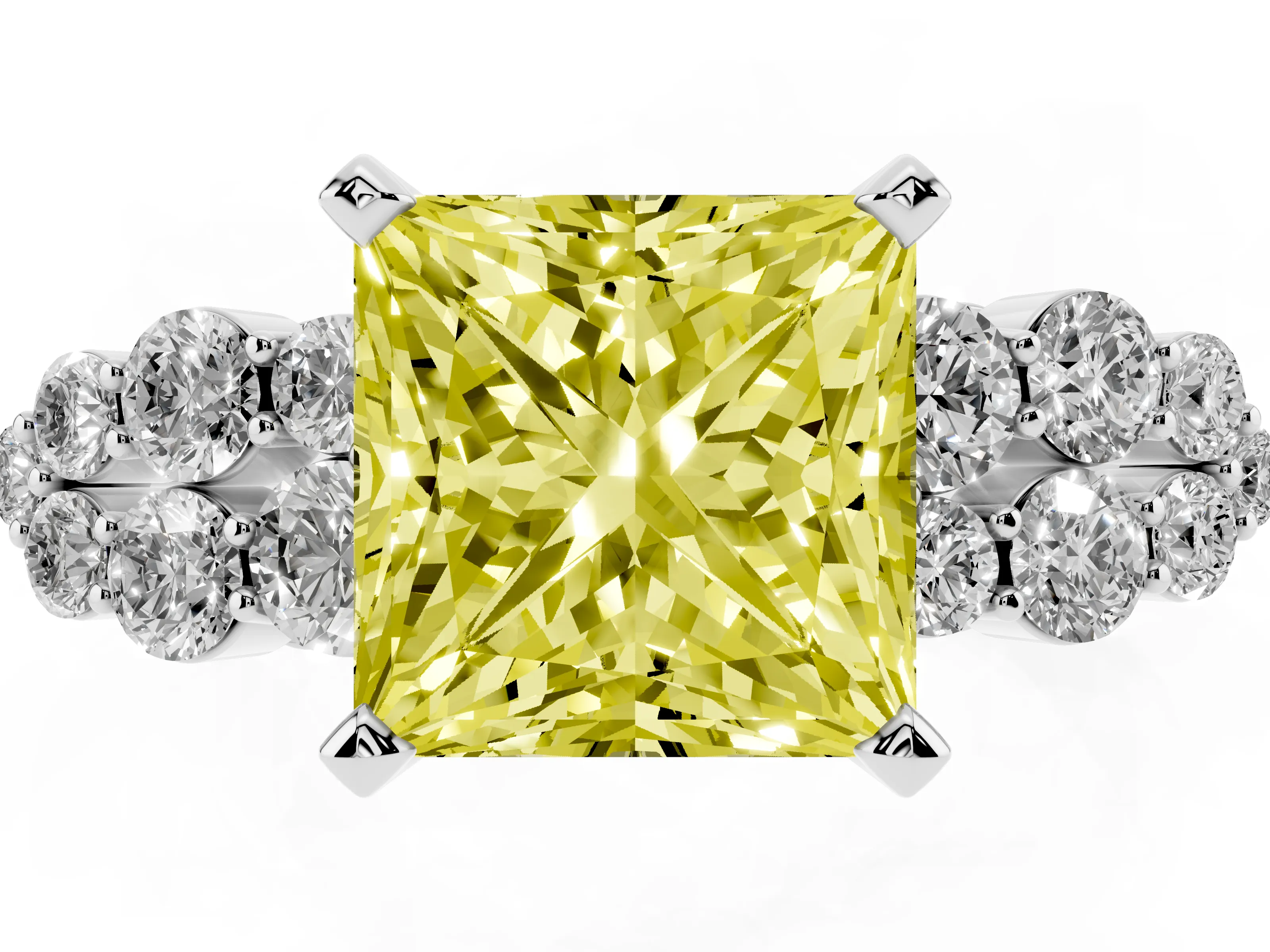 Fancy Yellow Princess Cut Diamond Cluster Engagement Ring Set in Platinum with Pavé Band and Prong Setting