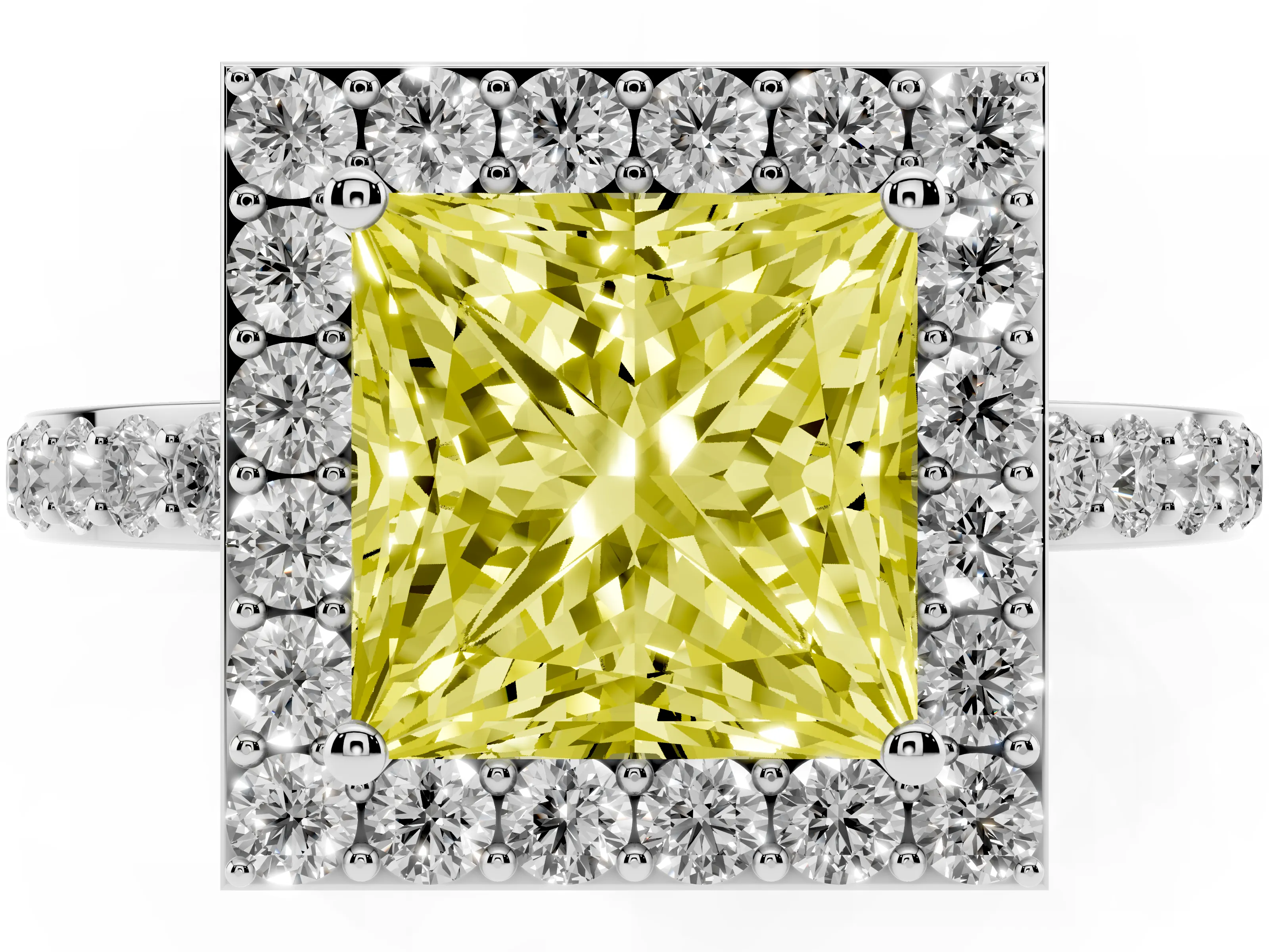 Fancy Yellow Princess Cut Diamond Halo Ring Set in Silver with Pavé-Setting Band and Open Prong Center