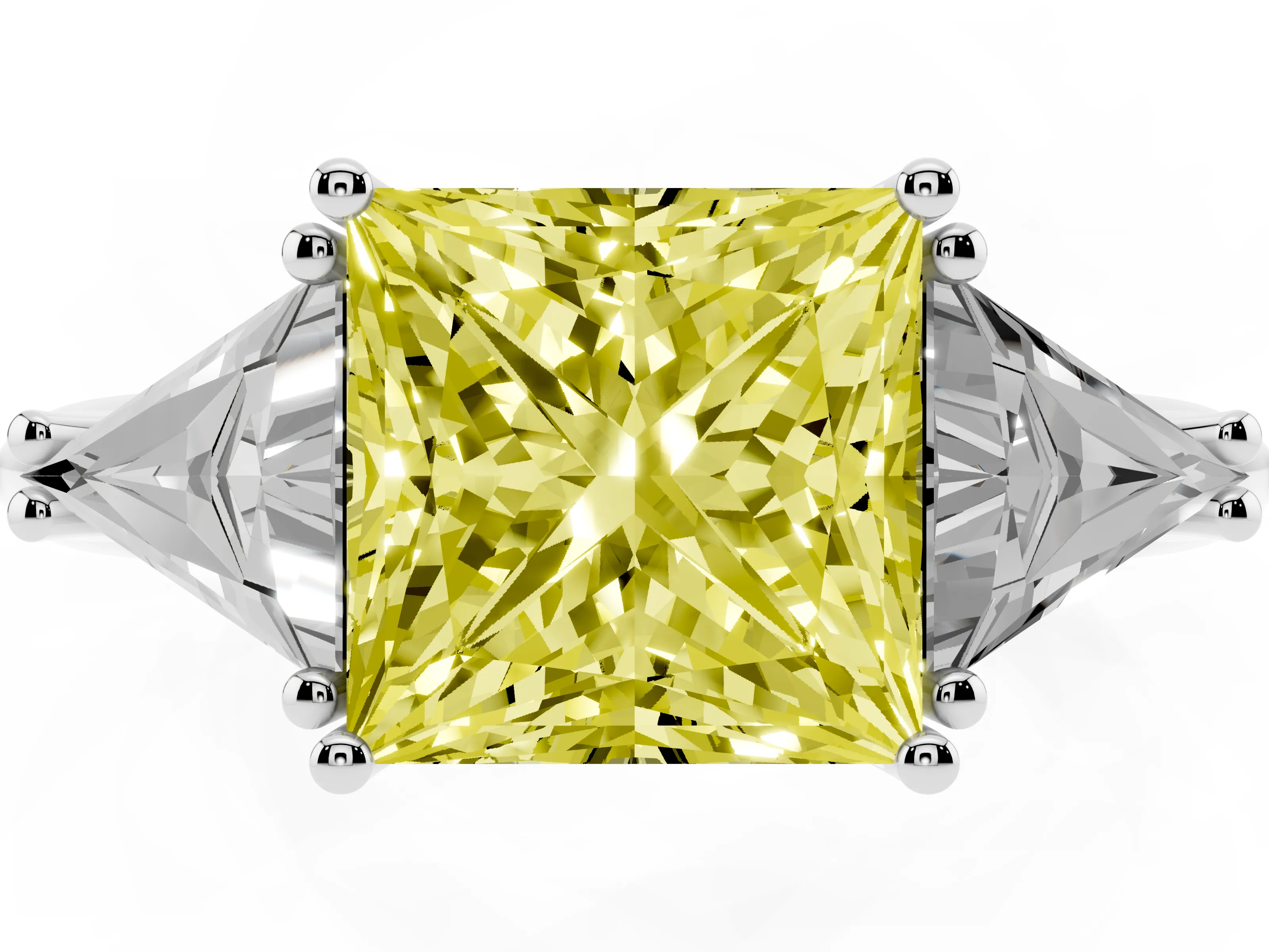 Fancy Yellow Princess Cut Diamond Three-Stone Engagement Ring Set in Platinum with Trillion Side Stones