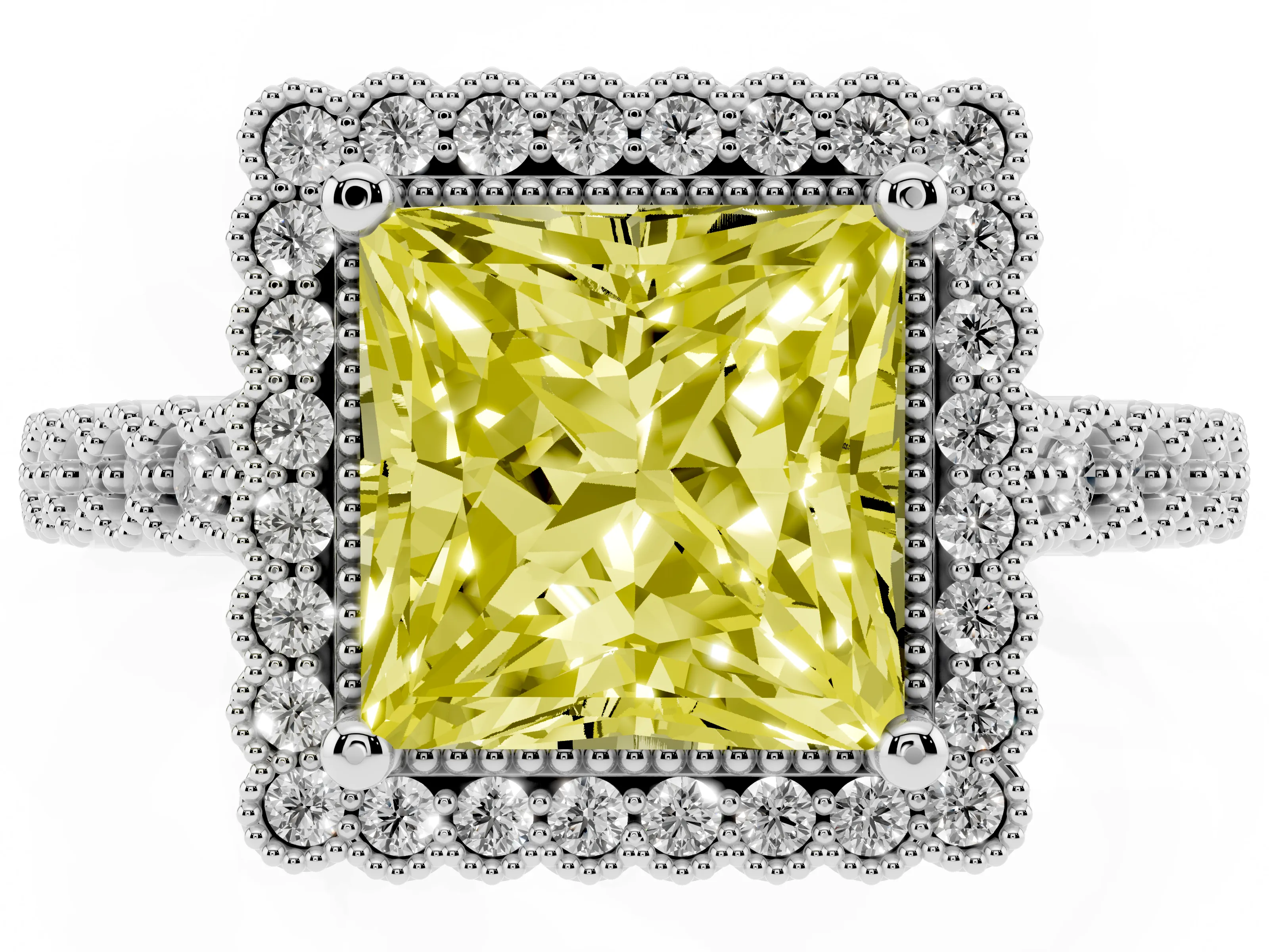 Fancy Yellow Princess Cut Diamond Halo Ring Set in Silver with Pavé Milgrain Band