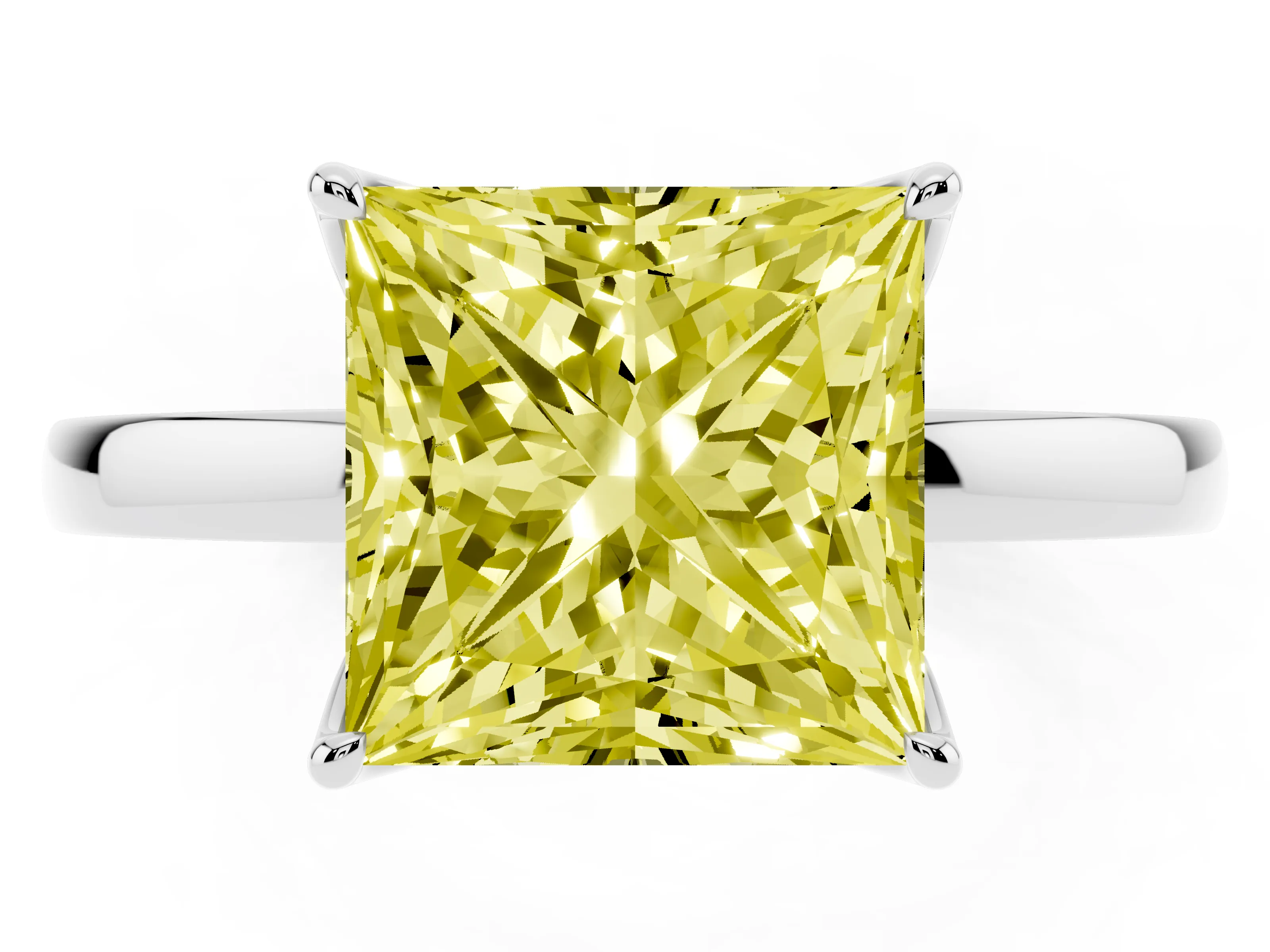 Fancy Yellow Princess Cut Diamond Solitaire Ring Set in White gold with Prong Setting and Thin Polished Band