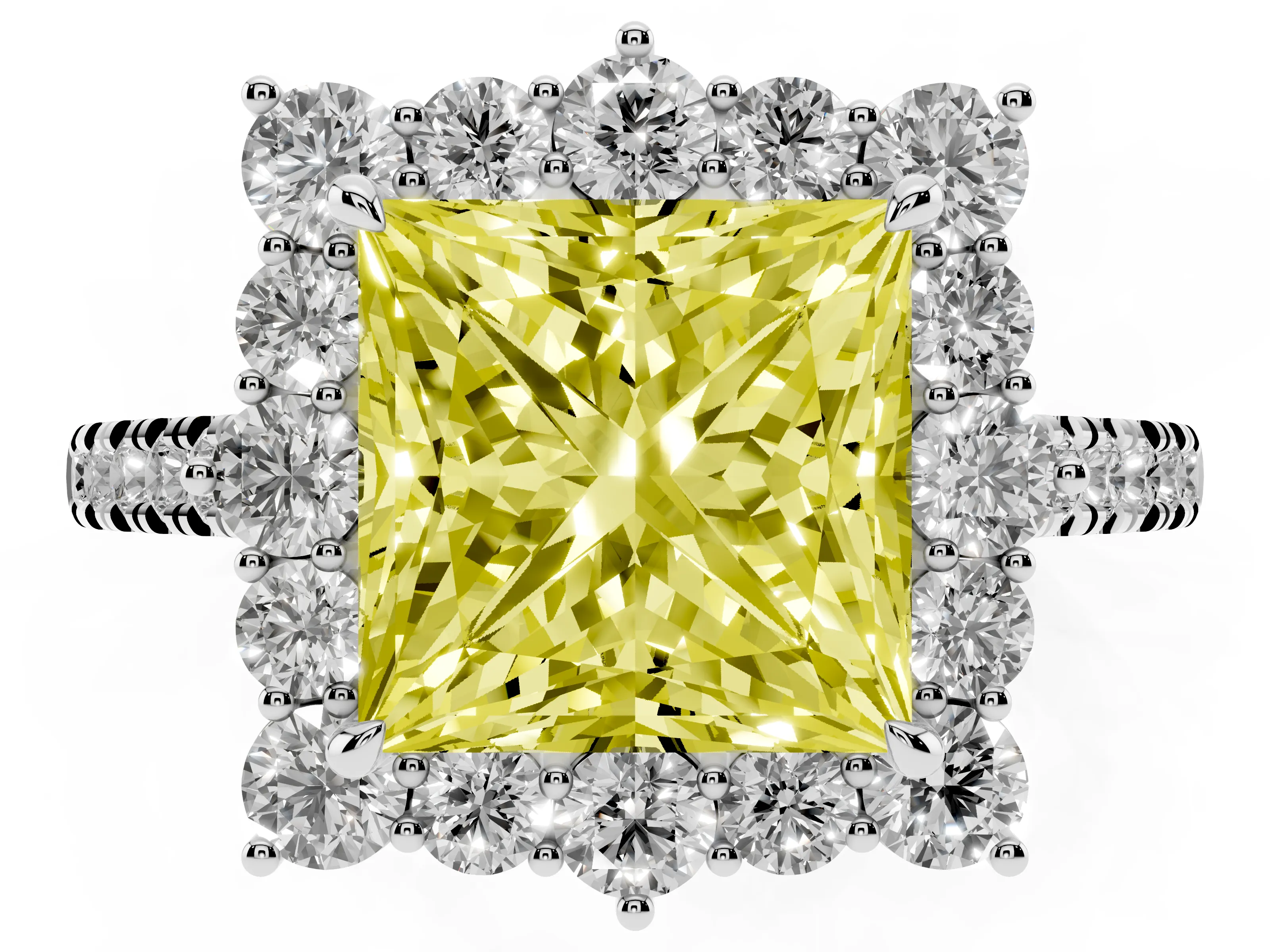 Fancy Yellow Princess Cut Diamond Halo Ring Set in Silver with Pavé Band and Prong Setting
