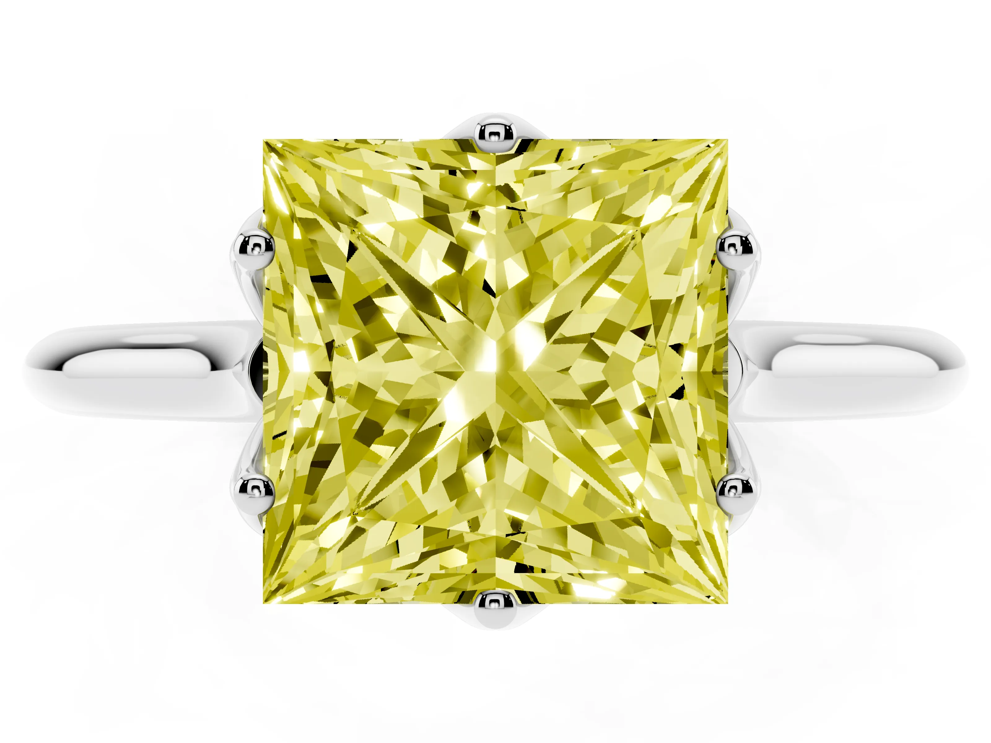 Fancy Yellow Princess Cut Diamond Solitaire Cathedral Ring Set in Silver with Prong Setting
