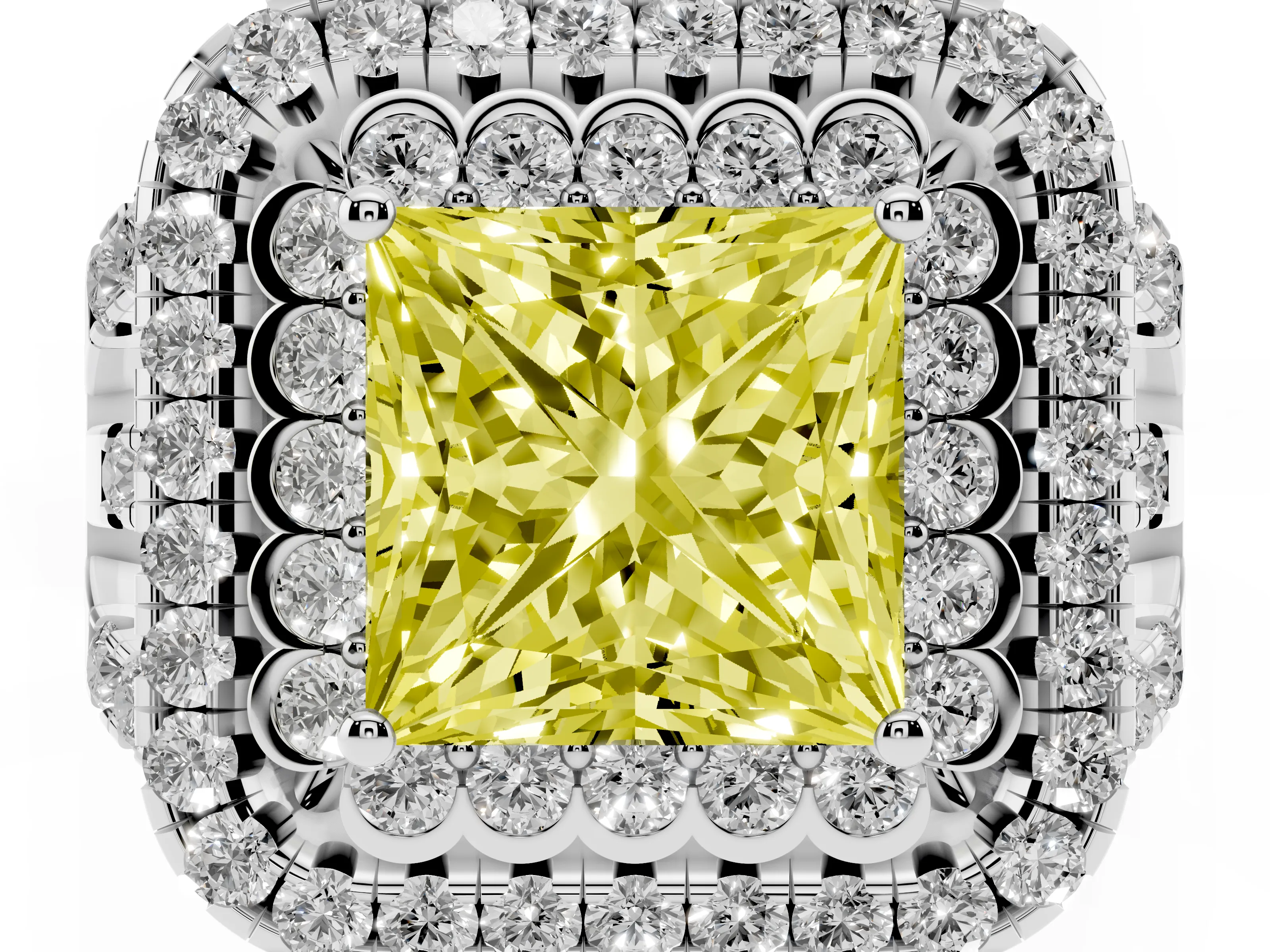 Fancy Yellow Princess Cut Diamond Double Halo Ring Set in White gold with Round Pavé Split Shank