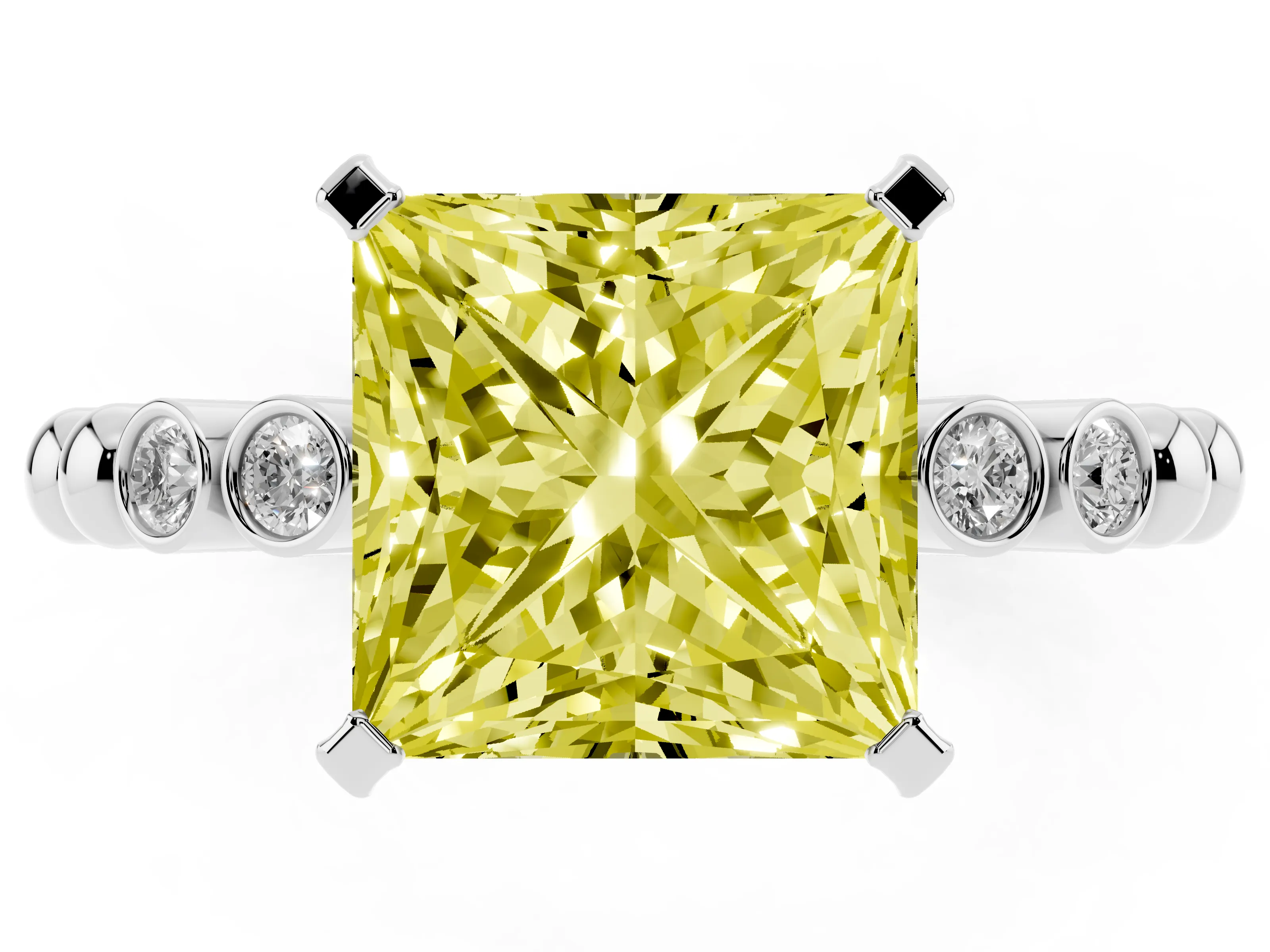 Fancy Yellow Princess Cut Diamond Solitaire Engagement Ring Set in Silver with Bezel Accents on Beaded Band
