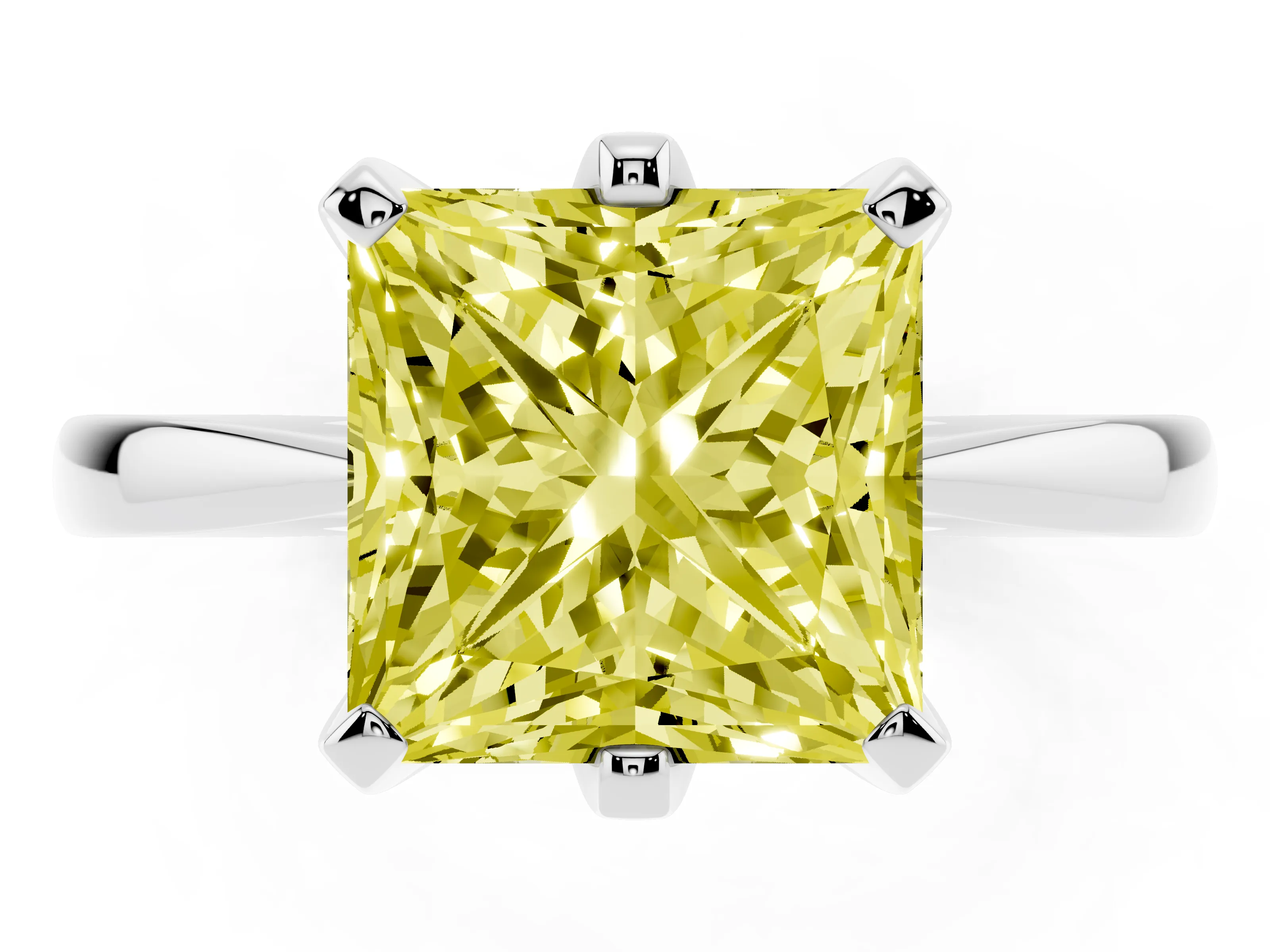 Fancy Yellow Princess Cut Diamond Solitaire Engagement Ring Set in Platinum with Slim Tapered Solitaire Band