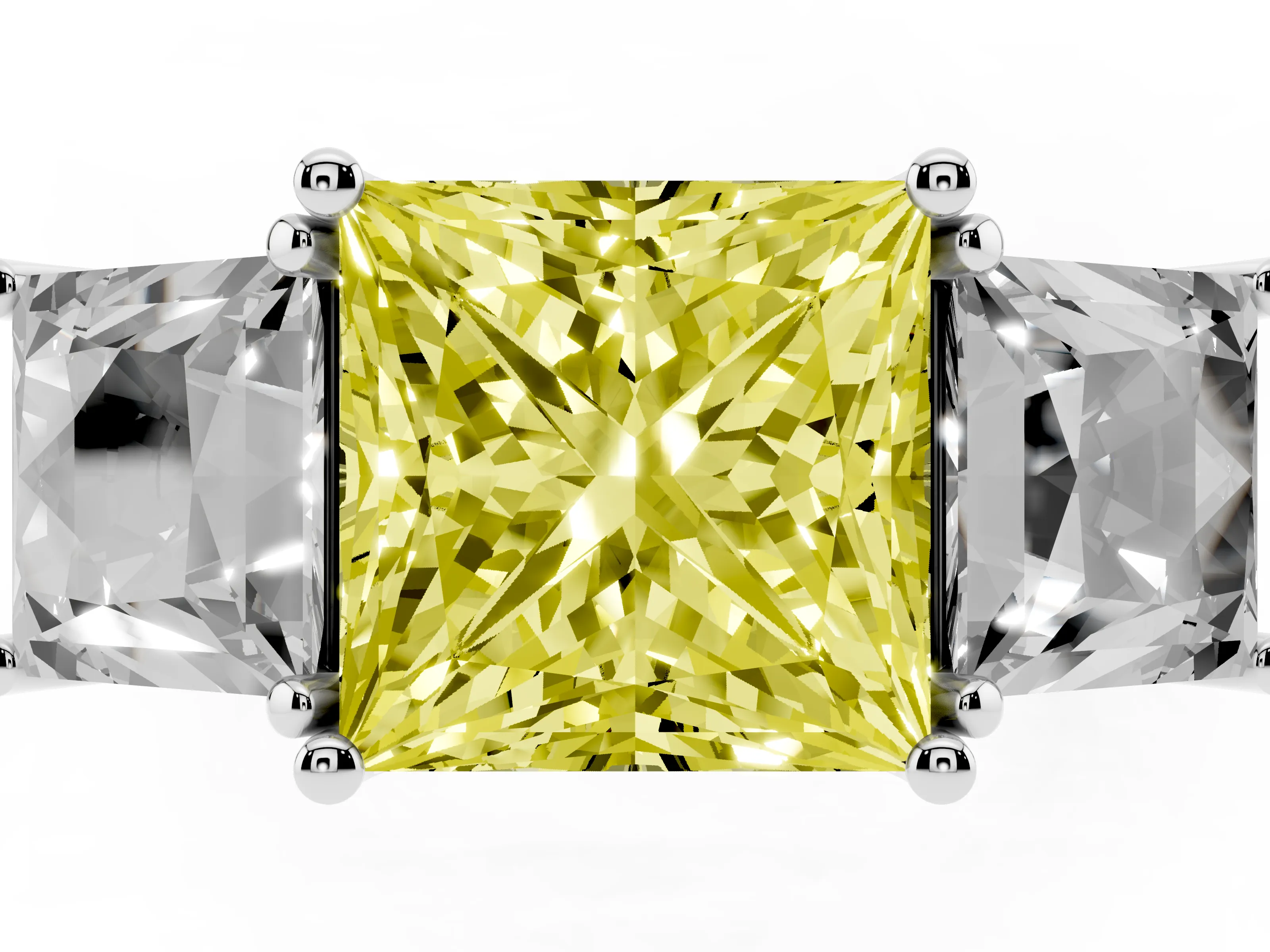 Fancy Yellow Princess Cut Diamond Three-Stone Ring Set in White gold with Pavé Band