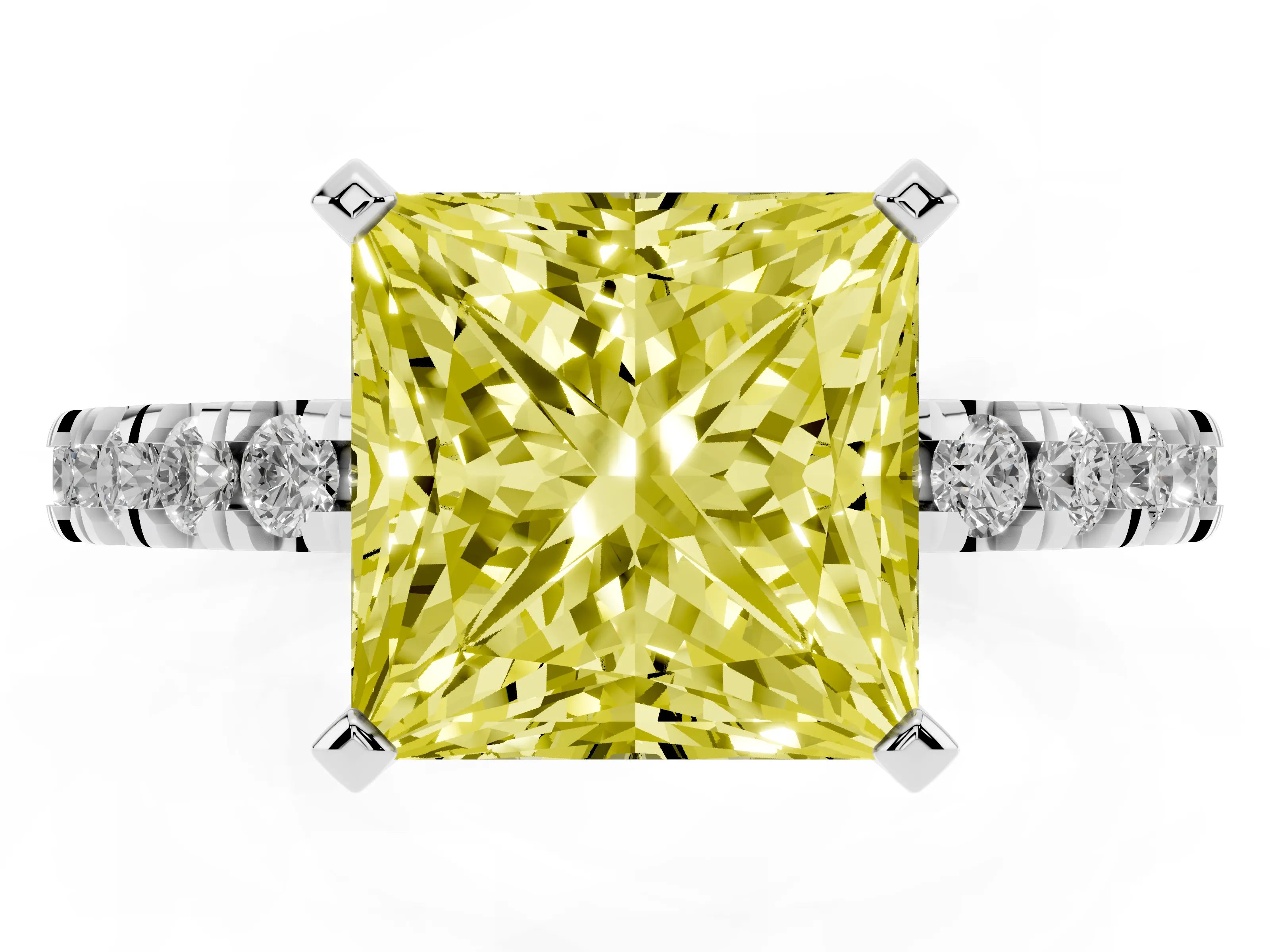 Fancy Yellow Princess Cut Diamond Pavé Band Solitaire Set in White gold with Prong Setting