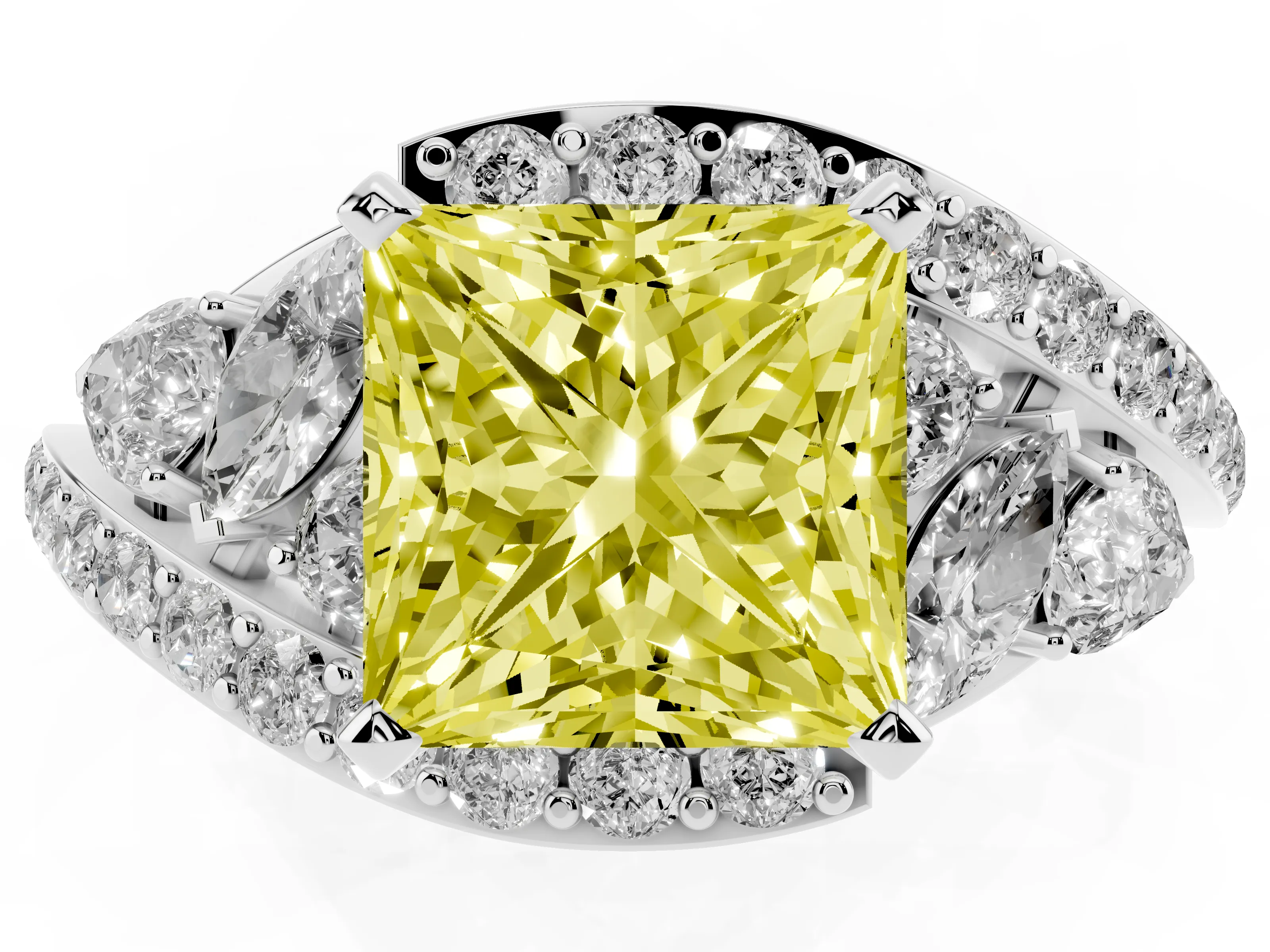 Fancy Yellow Princess Cut Diamond Halo Ring Set in White gold with Marquise and Pavé Band in Prong Setting