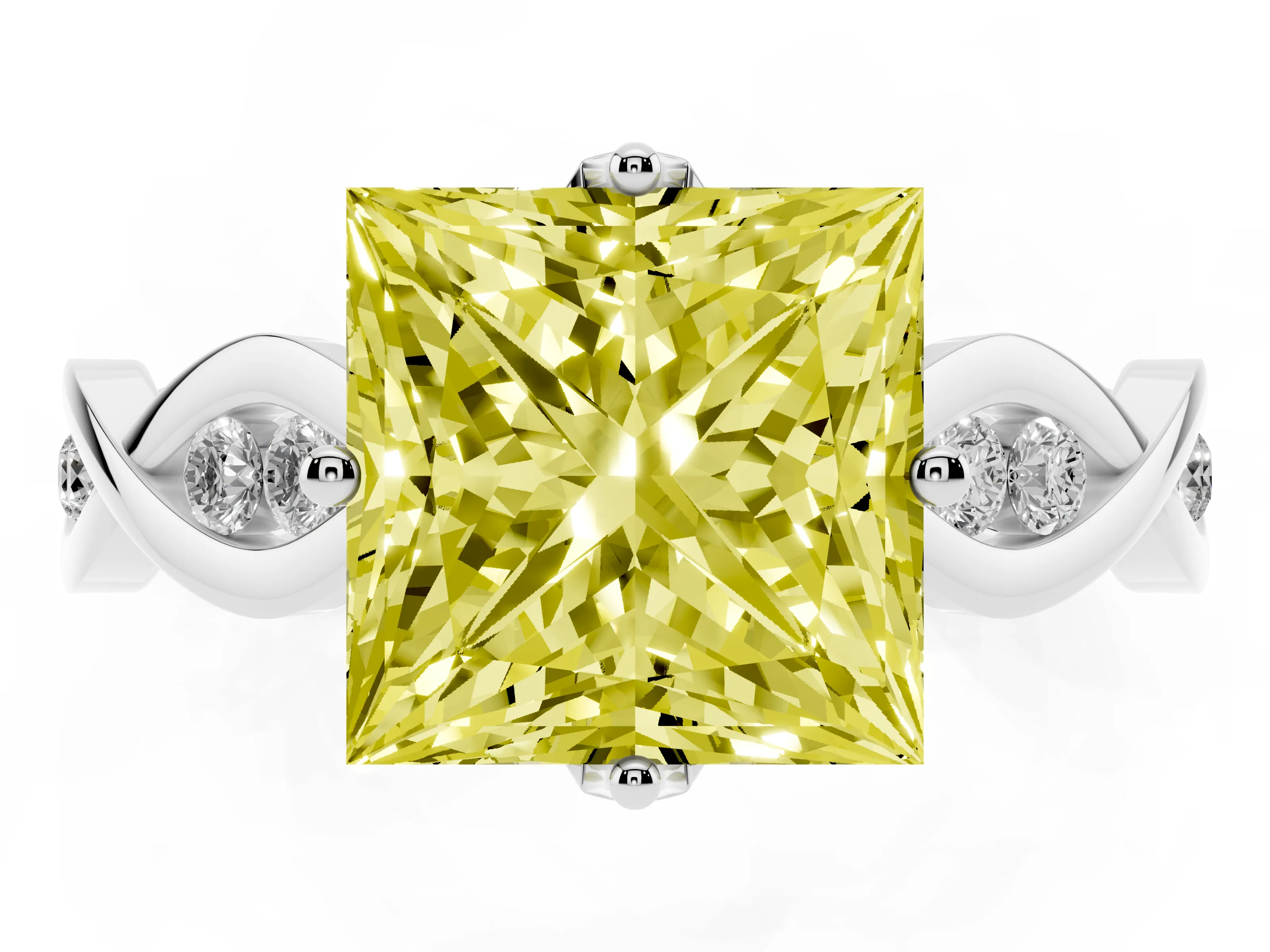 Fancy Yellow Princess Cut Diamond Twist Band Solitaire Ring Set in White gold with Leaf Prong Setting and Accent Stones