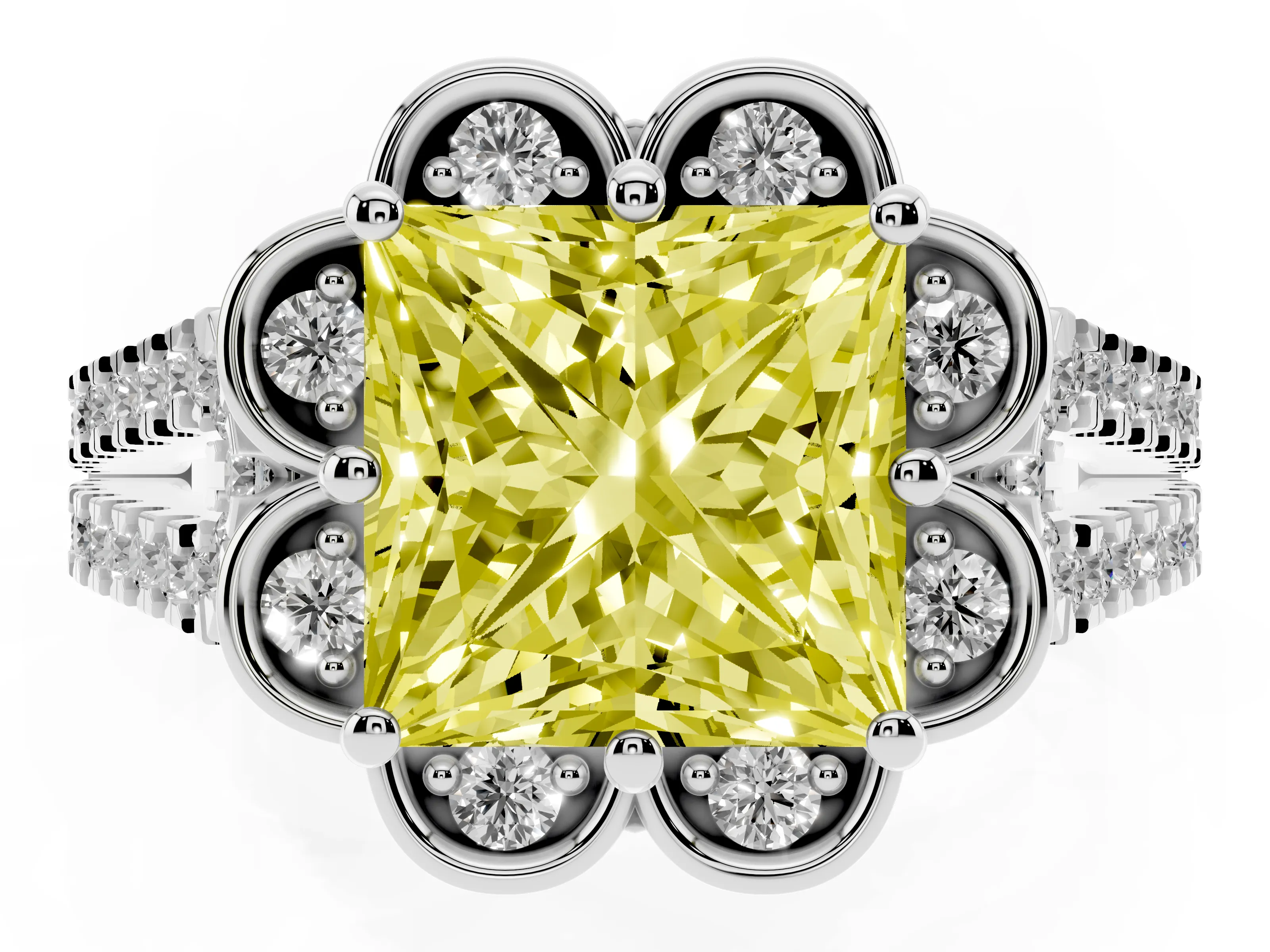 Fancy Yellow Princess Cut Diamond Floral Halo Split Shank Engagement Ring Set in Platinum with Pavé Shank