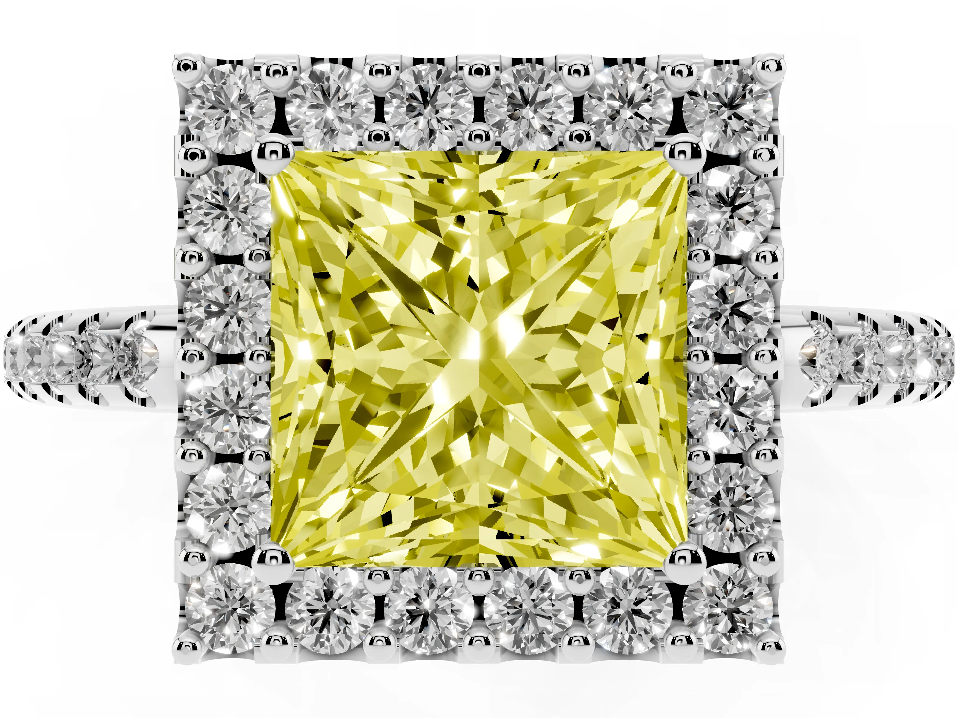 Fancy Yellow Princess Cut Diamond Pavé Halo Ring Set in Platinum with Prong Setting