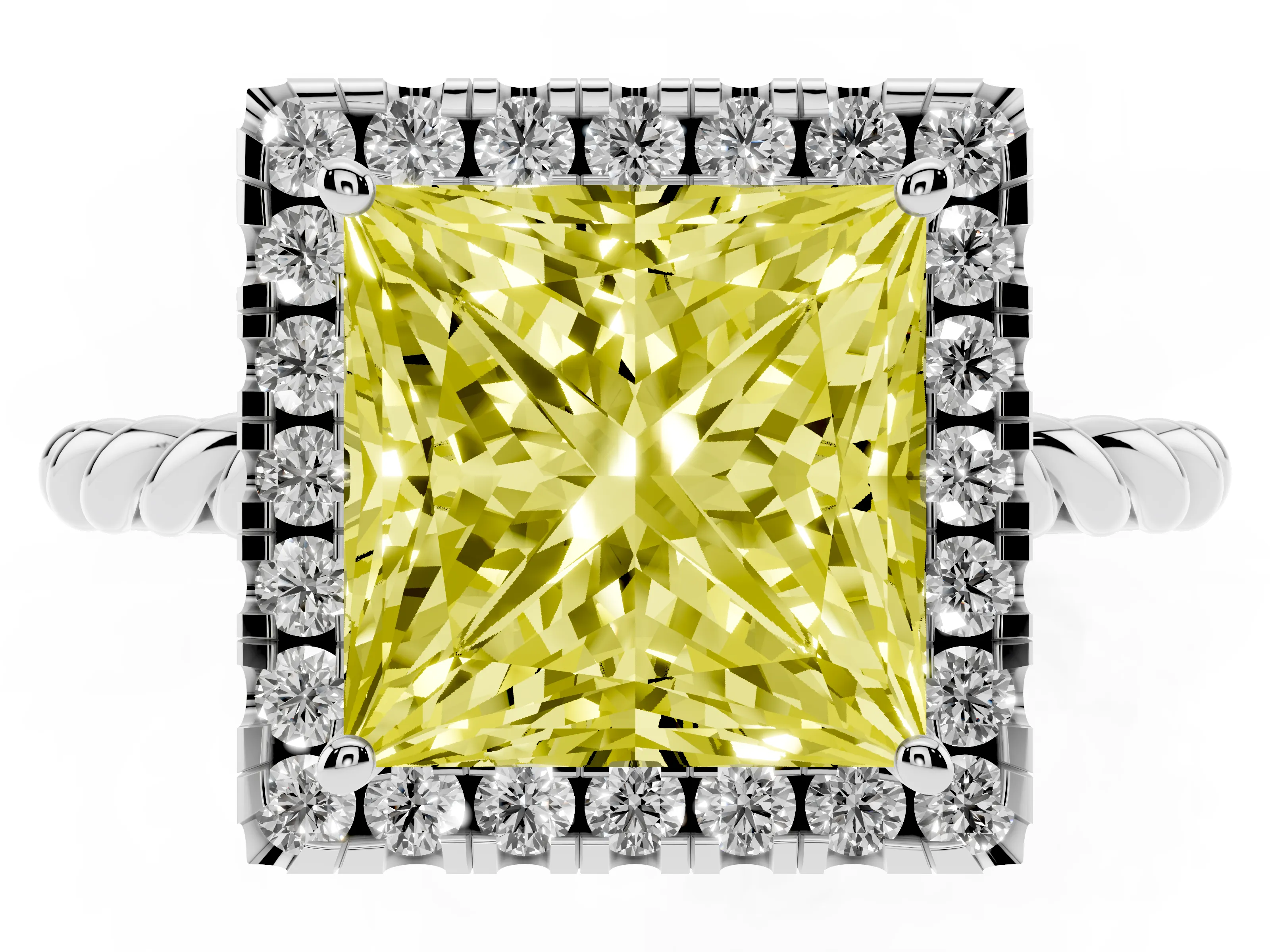 Fancy Yellow Princess Cut Diamond Halo Ring Set in Platinum with Plain Twisted Band