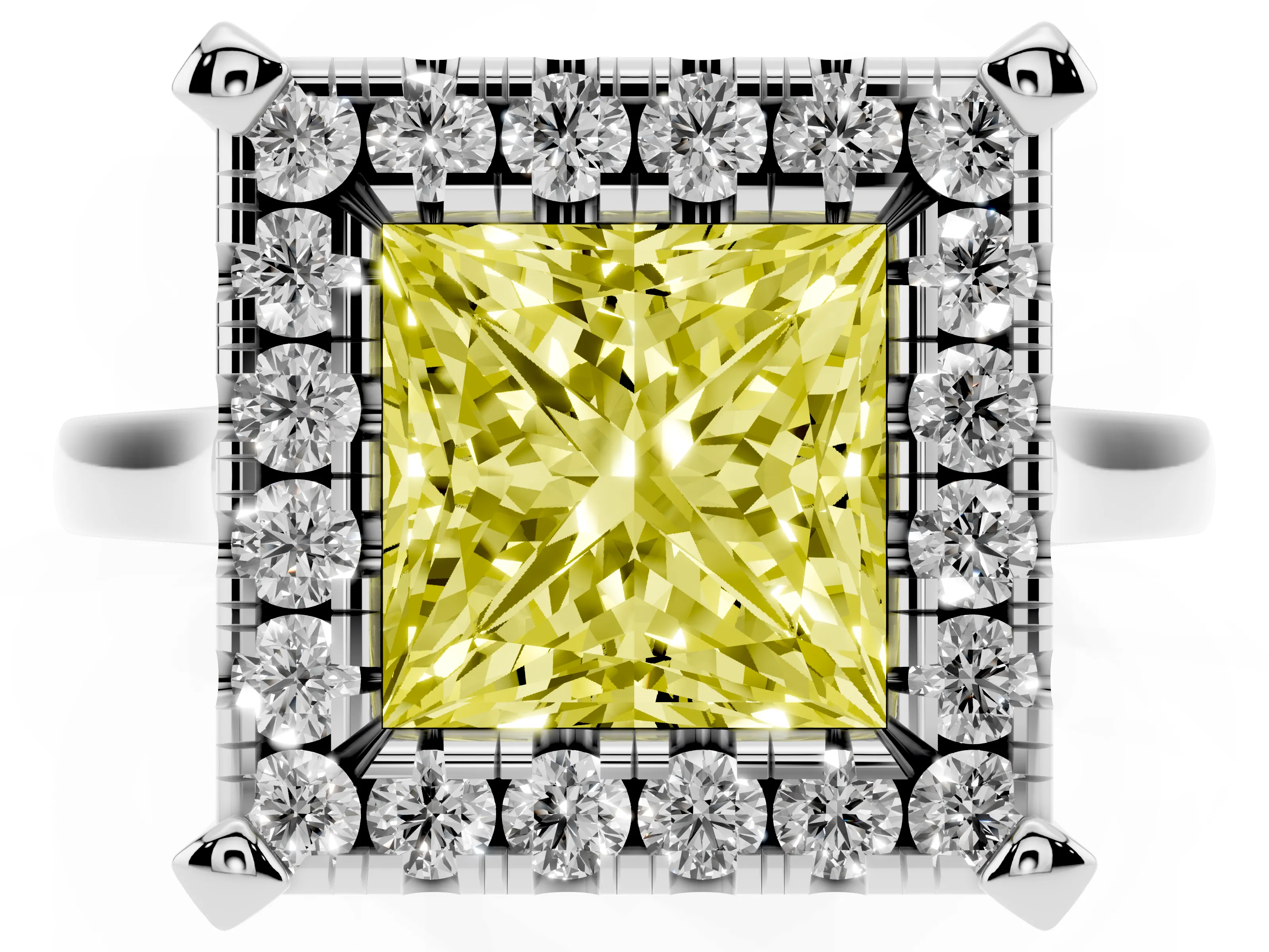 Fancy Yellow Princess Cut Diamond Cluster Halo Solitaire Ring Set in Platinum with Prong Setting