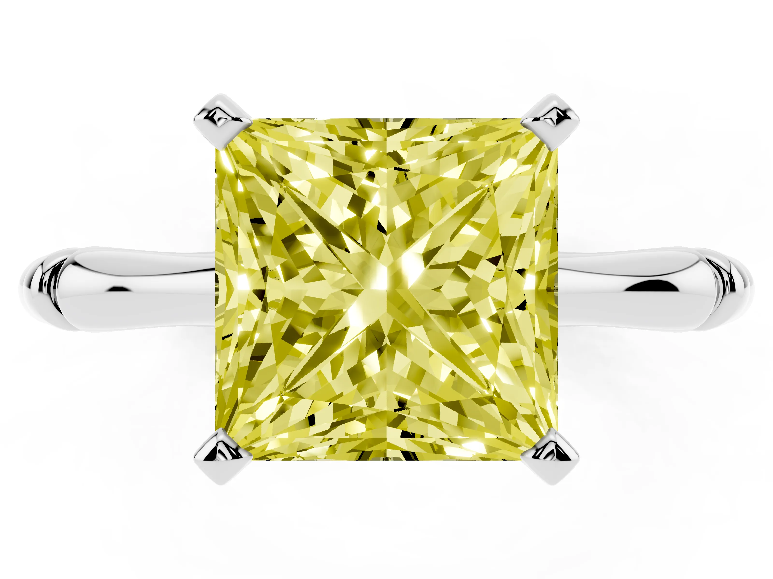 Fancy Yellow Princess Cut Diamond Solitaire Ring Set in Silver with Bamboo Band and Prong Setting