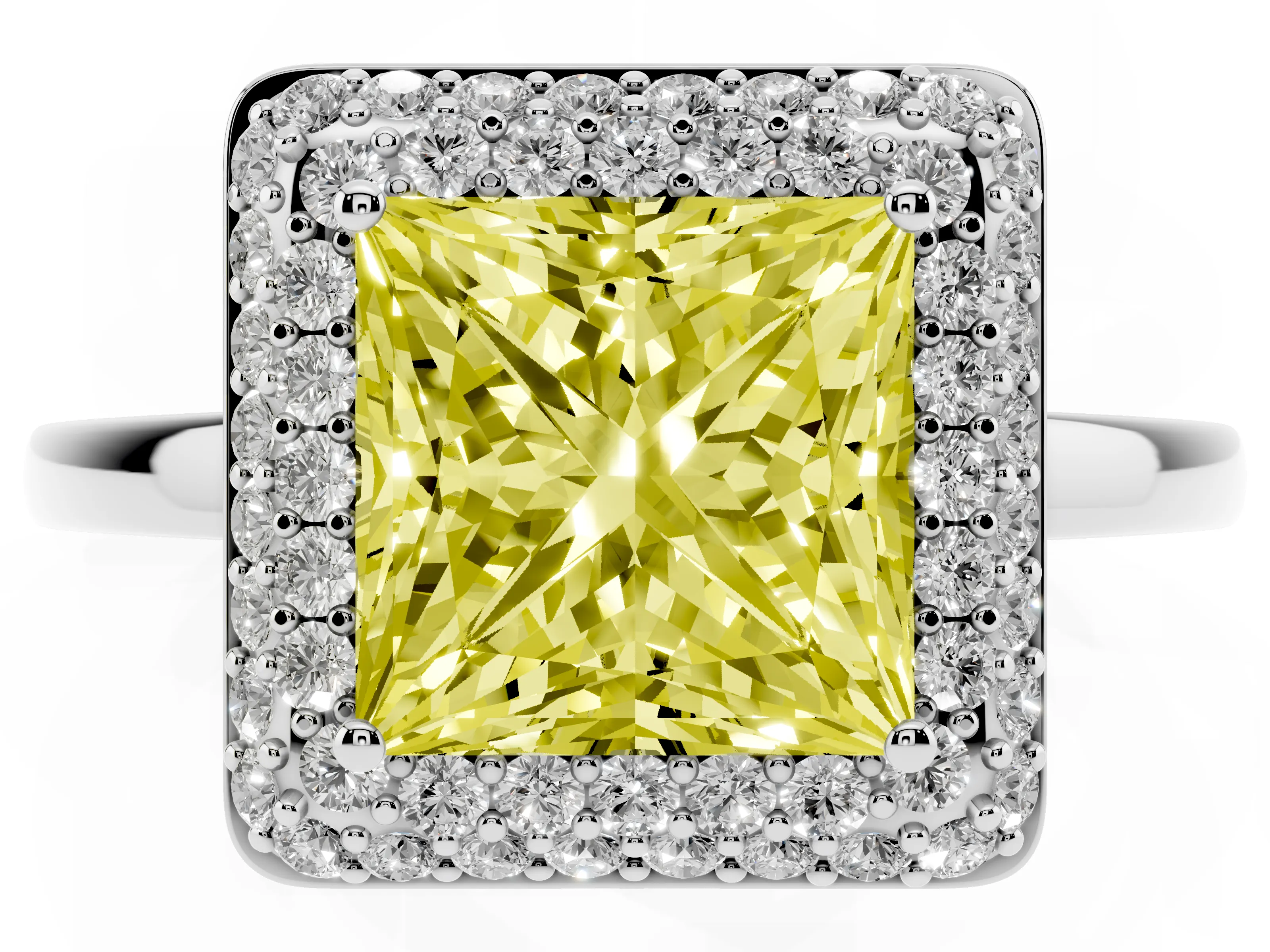 Fancy Yellow Princess Cut Diamond Halo Engagement Ring Set in White gold with Solitaire Band and Prong Setting