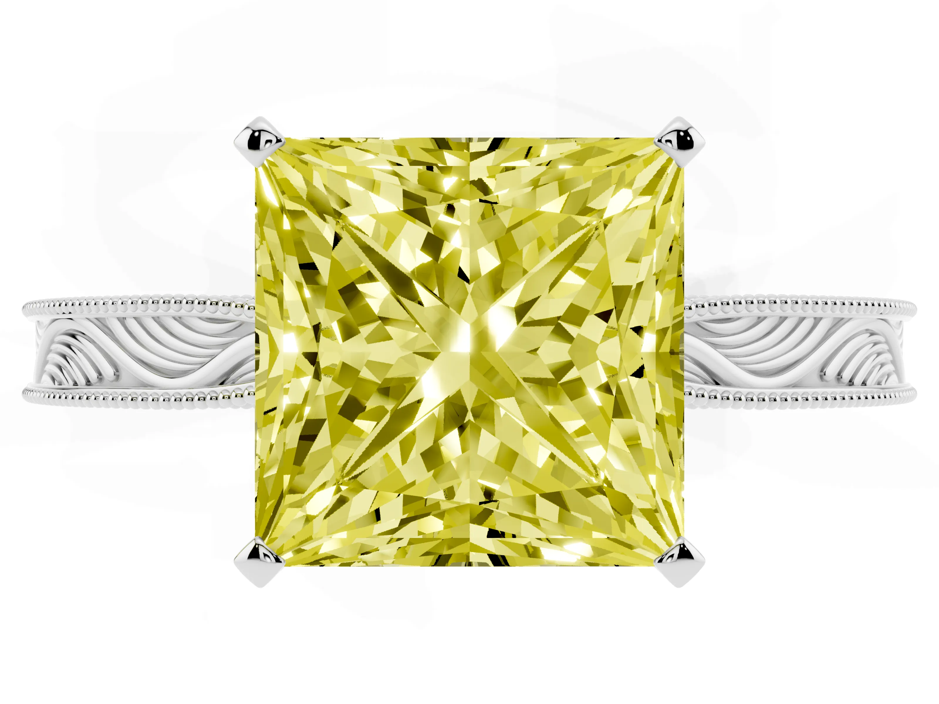 Fancy Yellow Princess Cut Diamond Solitaire Milgrain Engraved Band Set in White gold with Prong Setting