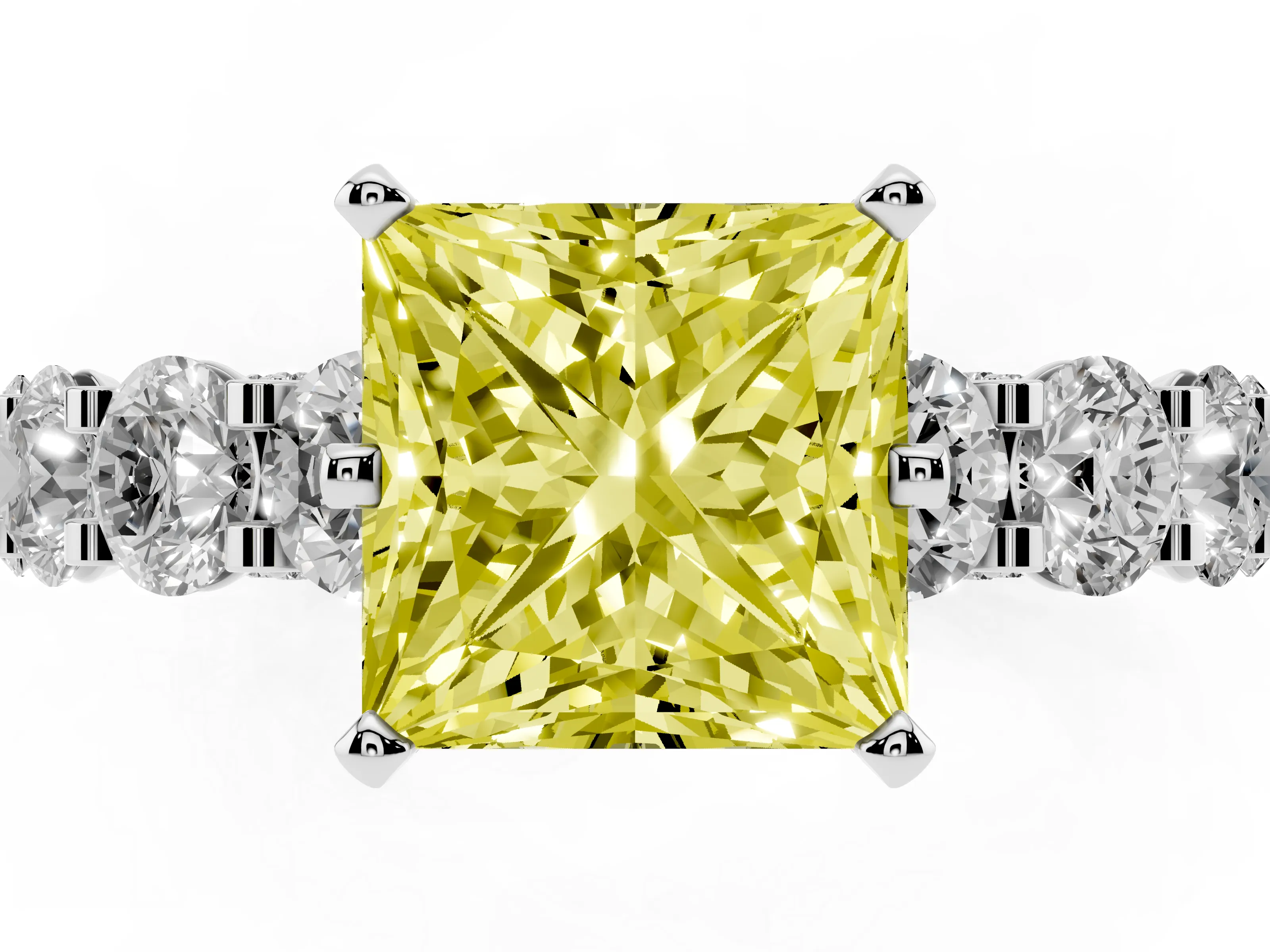 Fancy Yellow Princess Cut Diamond Side Stone Ring Set in Silver with Alternating Round and Oval Side Stones