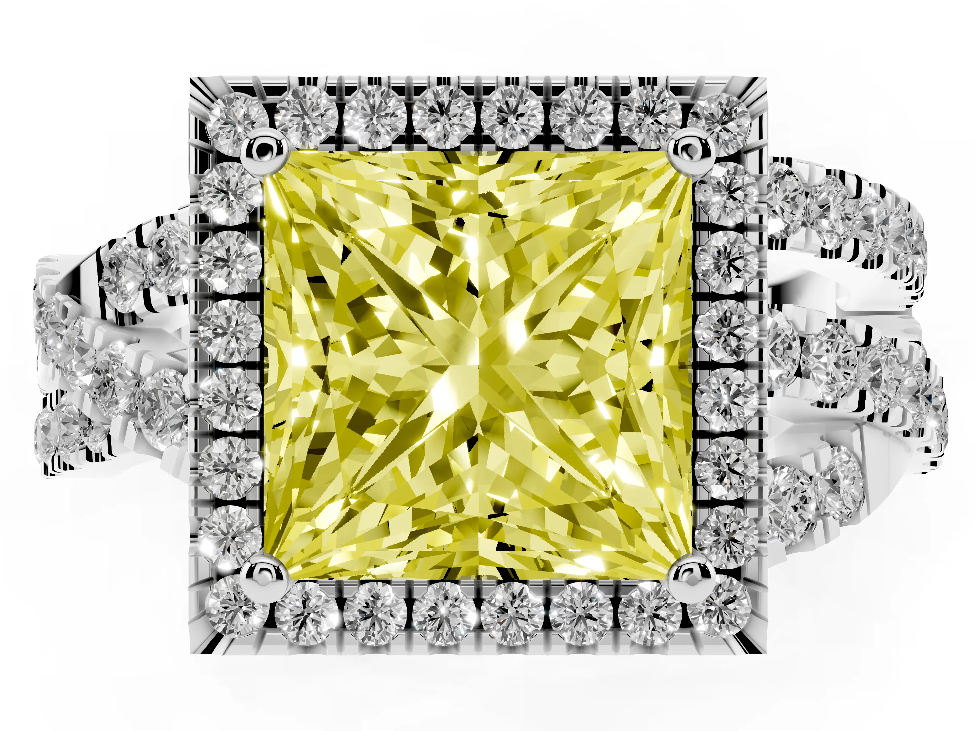 Fancy Yellow Princess Cut Diamond Halo Ring Set in Silver with Round Crossover Split Shank and Prong Setting