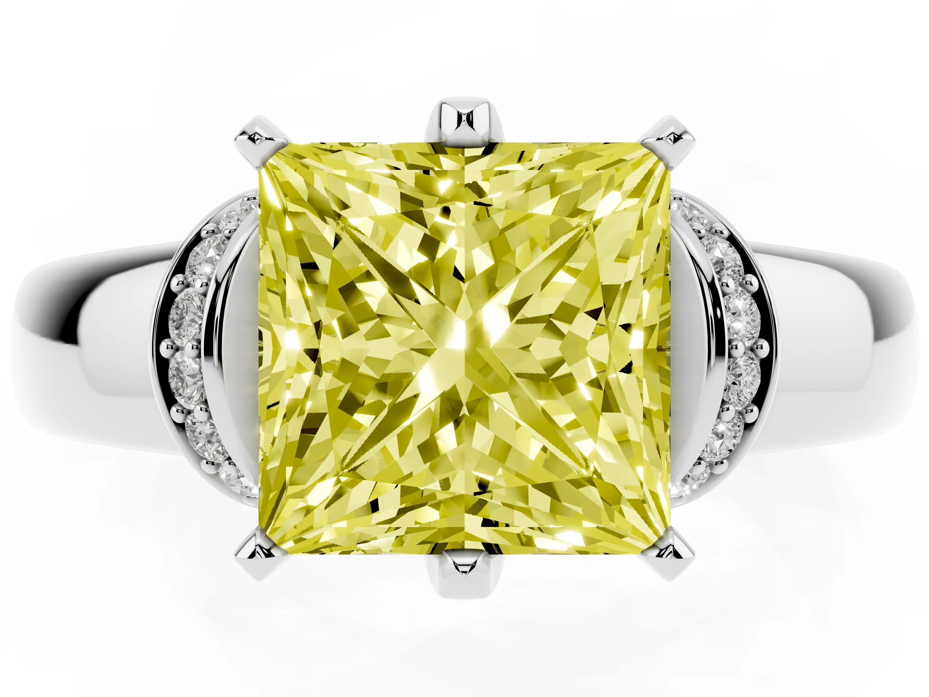 Fancy Yellow Princess Cut Diamond Pavé Band Solitaire Ring Set in Silver with Prong Setting