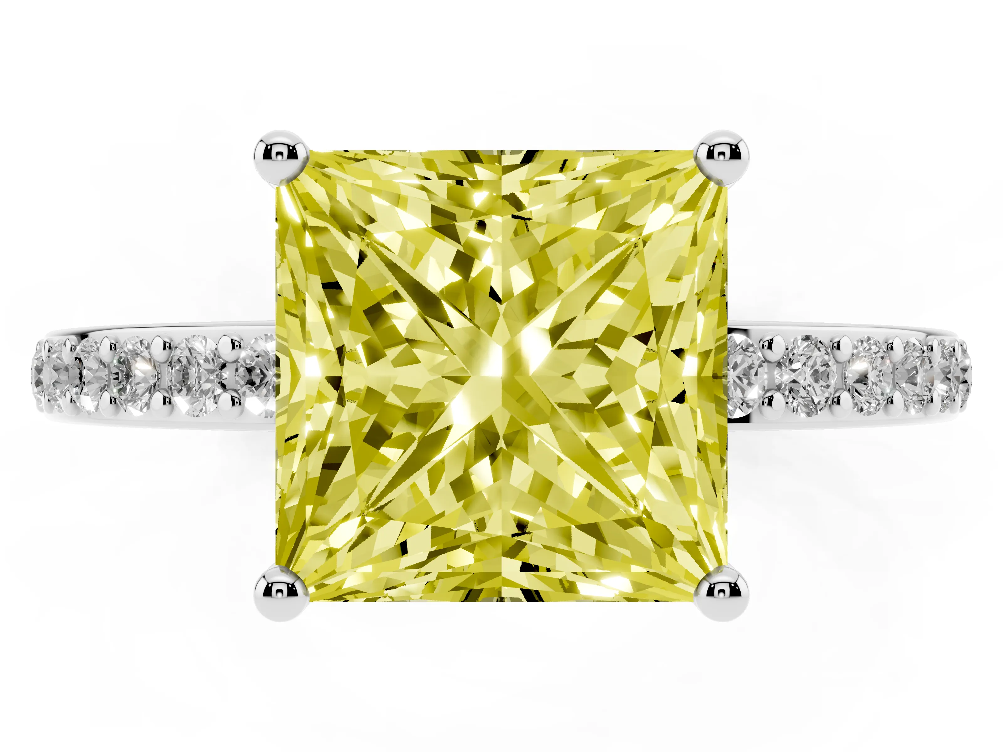 Fancy Yellow Princess Cut Diamond Pavé Band Ring Set in White gold with Prong-Set Center Stone