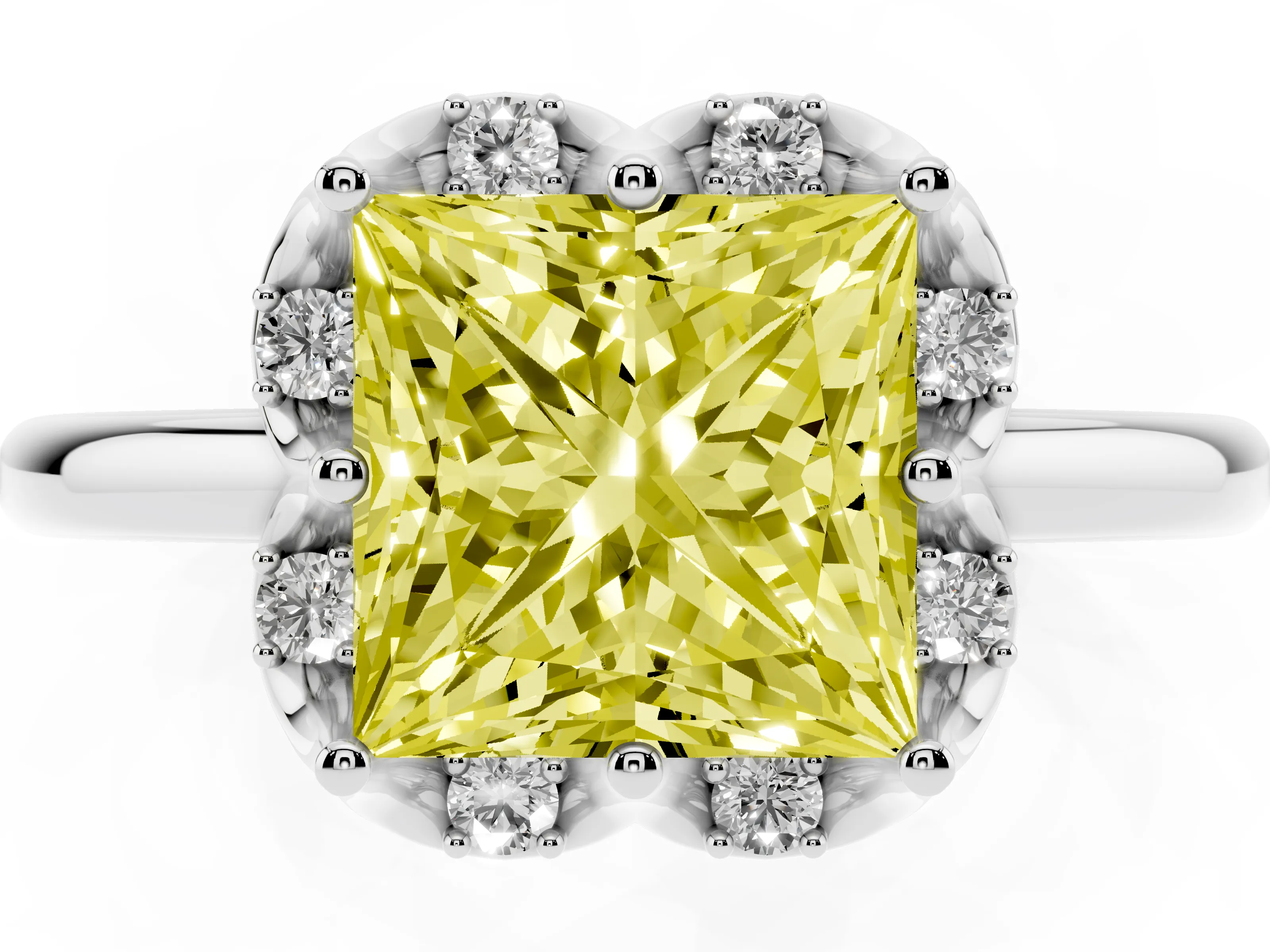 Fancy Yellow Princess Cut Diamond Round Cluster Halo Ring Set in Platinum with Solitaire Band and Prong Setting