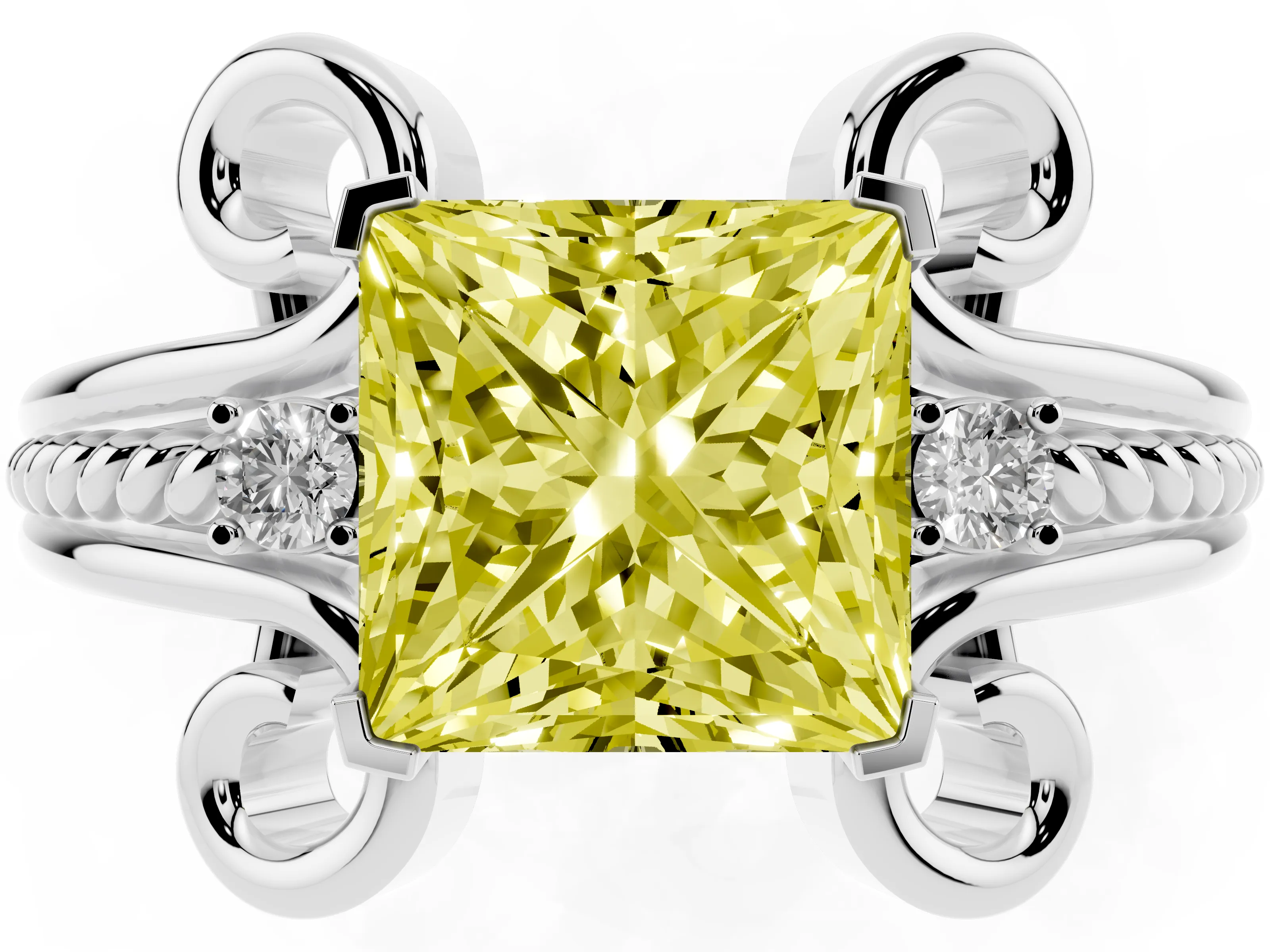 Fancy Yellow Princess Cut Diamond Twisted Band Solitaire Ring Set in White gold with Scroll Prongs