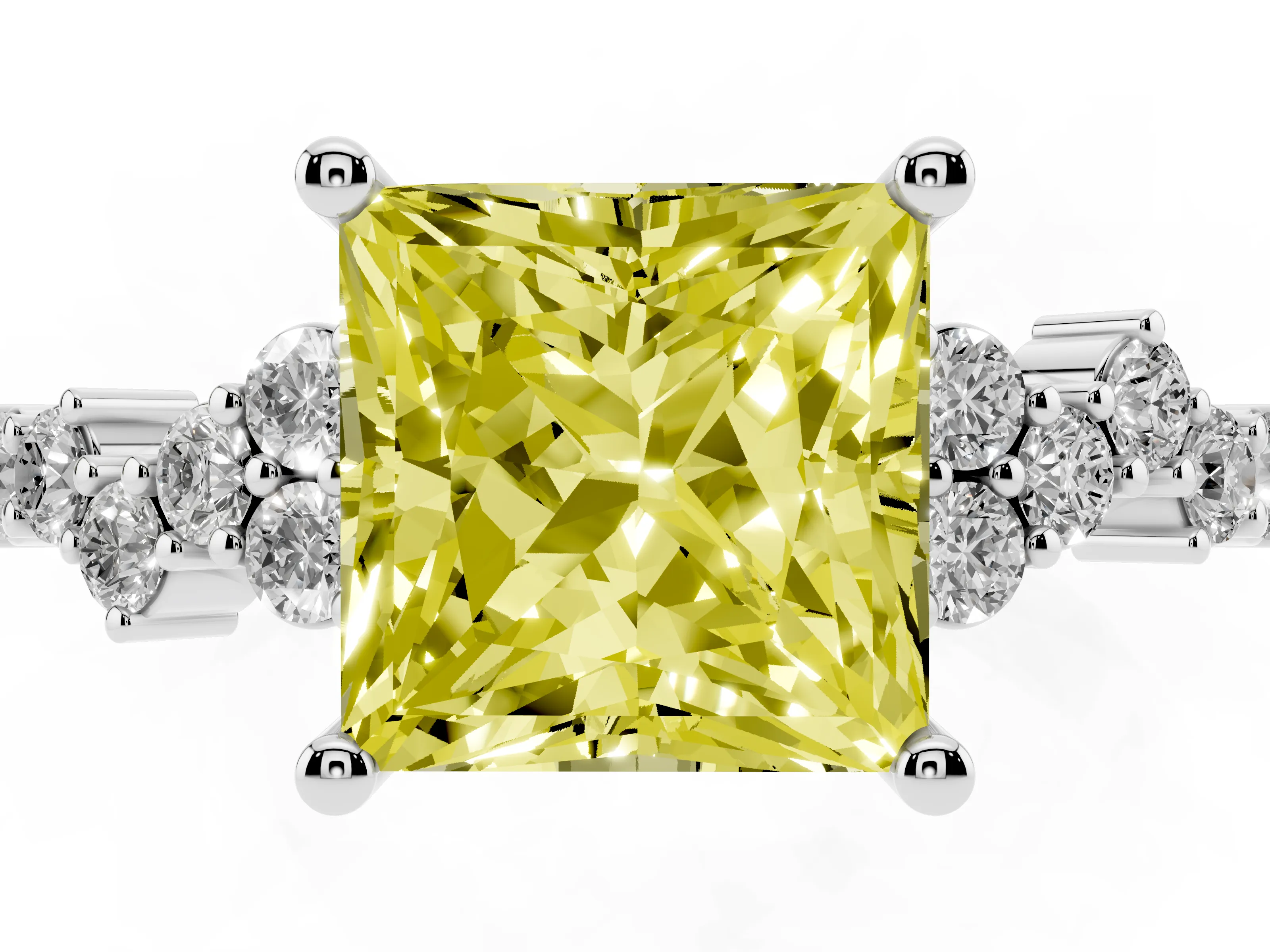Fancy Yellow Princess Cut Diamond Ring Set in White gold with Scattered Round Accents