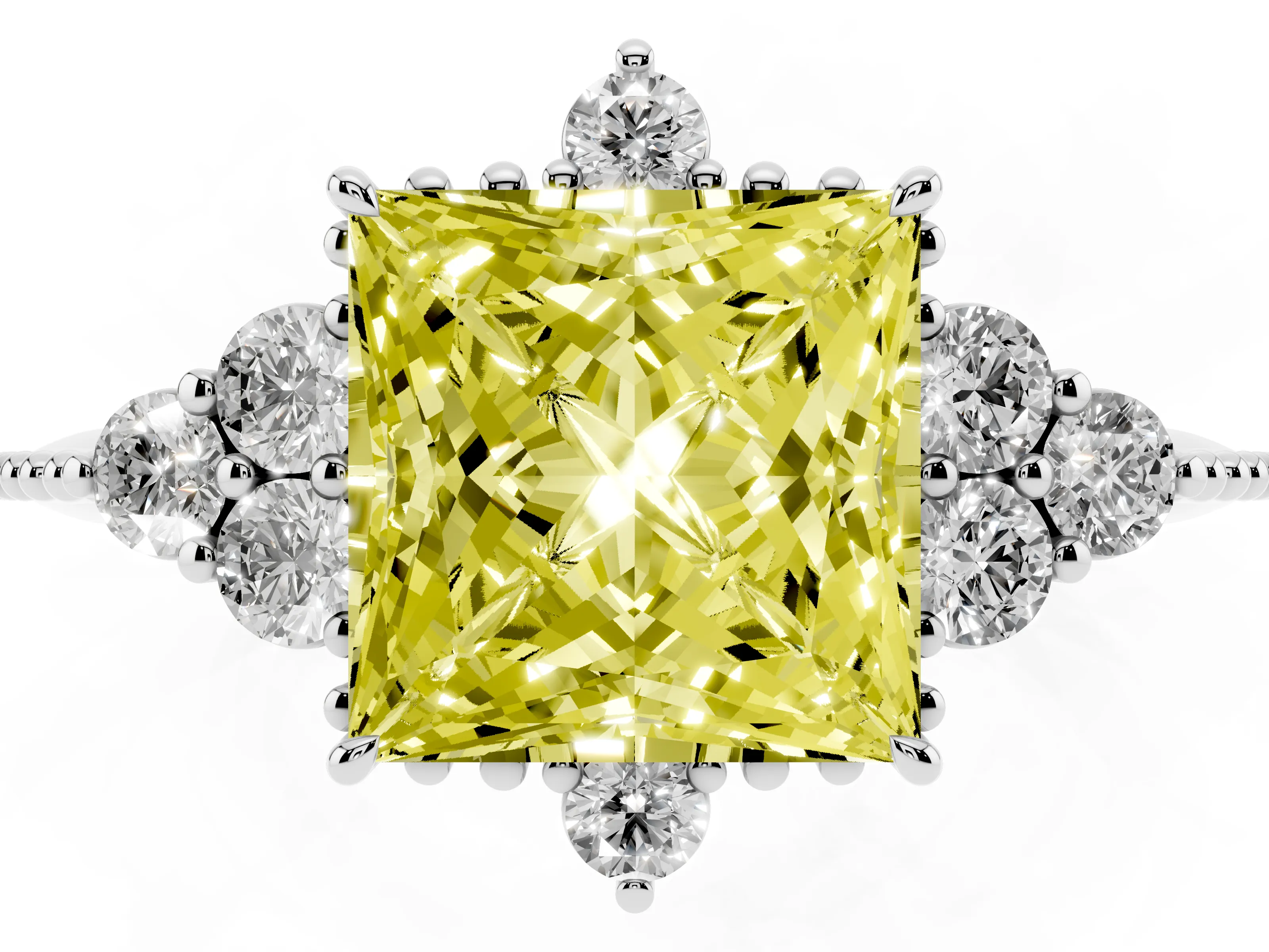 Fancy Yellow Princess Cut Diamond Cluster Ring Set in Silver with Beaded Band