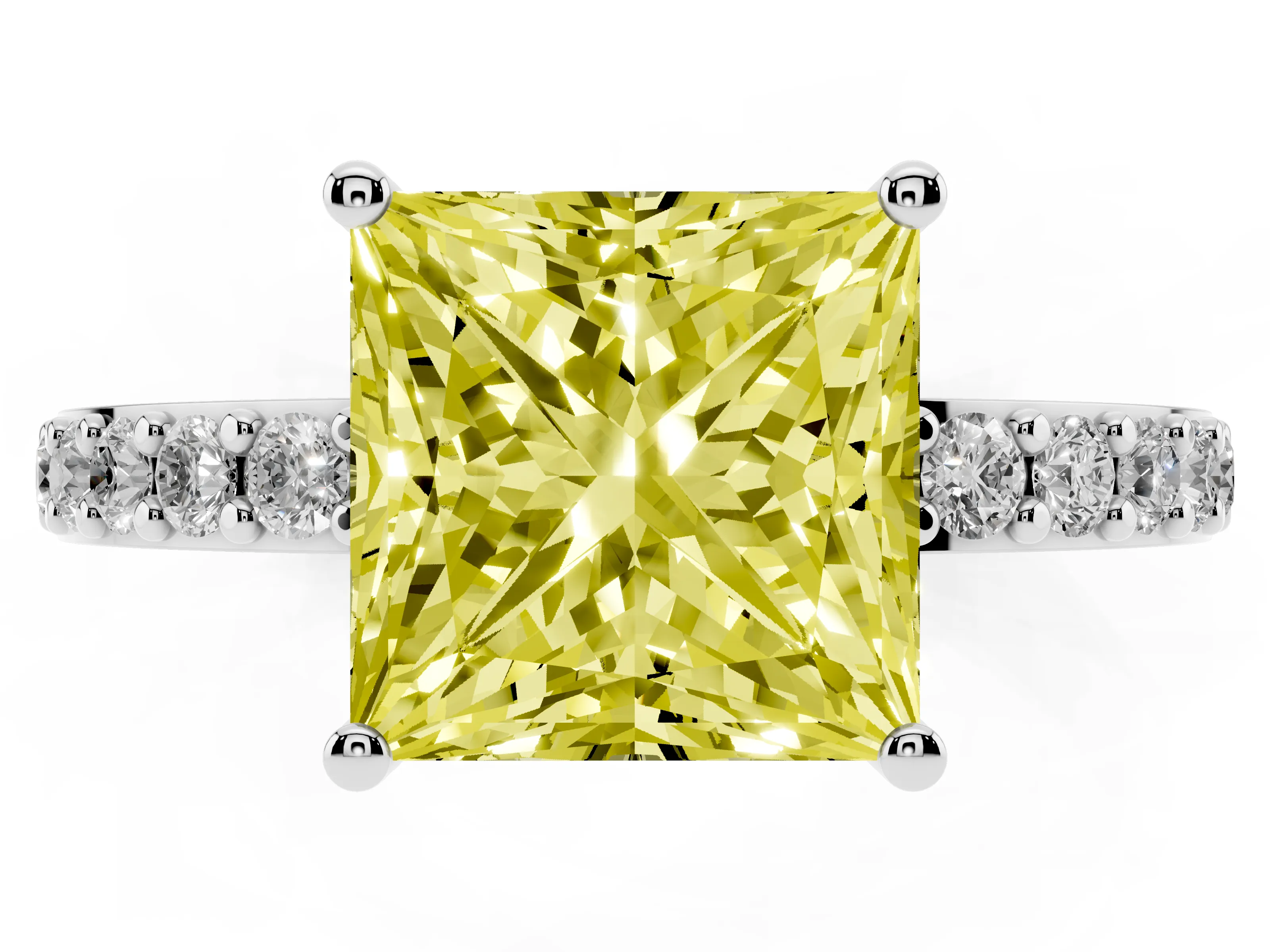 Fancy Yellow Princess Cut Diamond Solitaire Set in White gold with Round Pavé Band and Prong Setting
