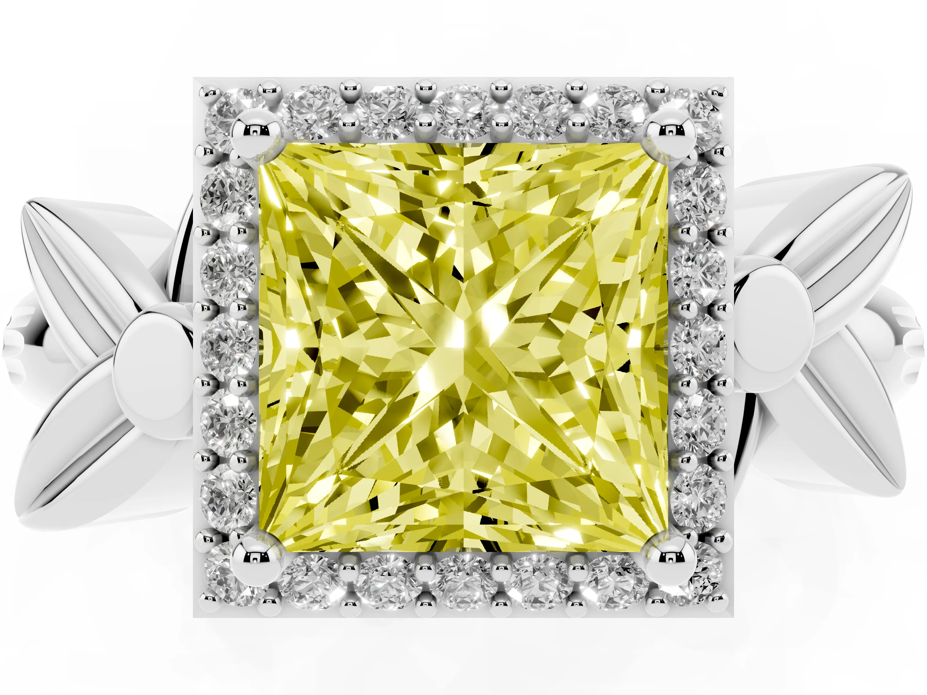 Fancy Yellow Princess Cut Diamond Halo Floral Band Ring Set in Silver with Prong Setting