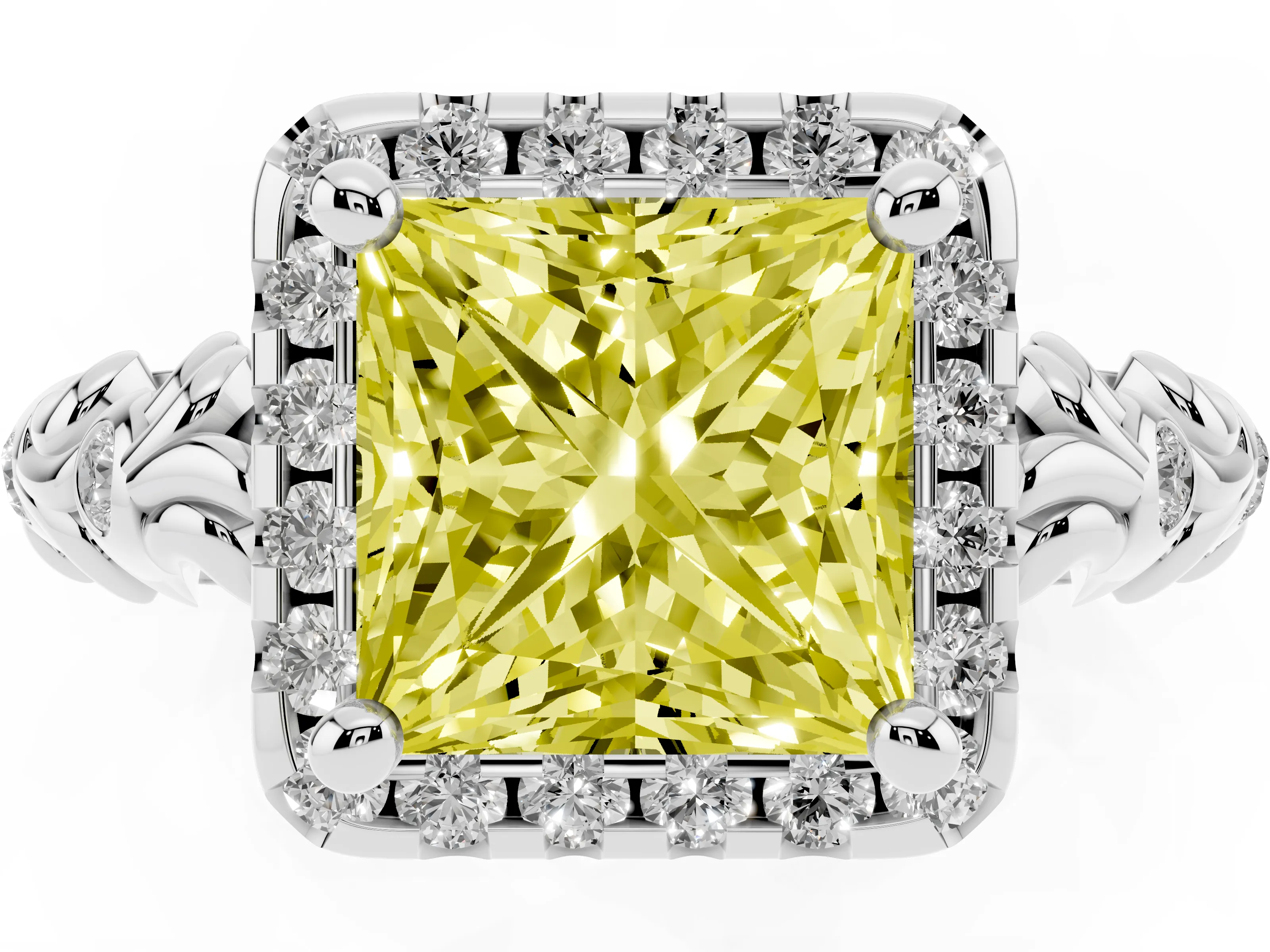 Fancy Yellow Princess Cut Diamond Halo Ring Set in Silver with Filigree Leaf Band and Prong Setting