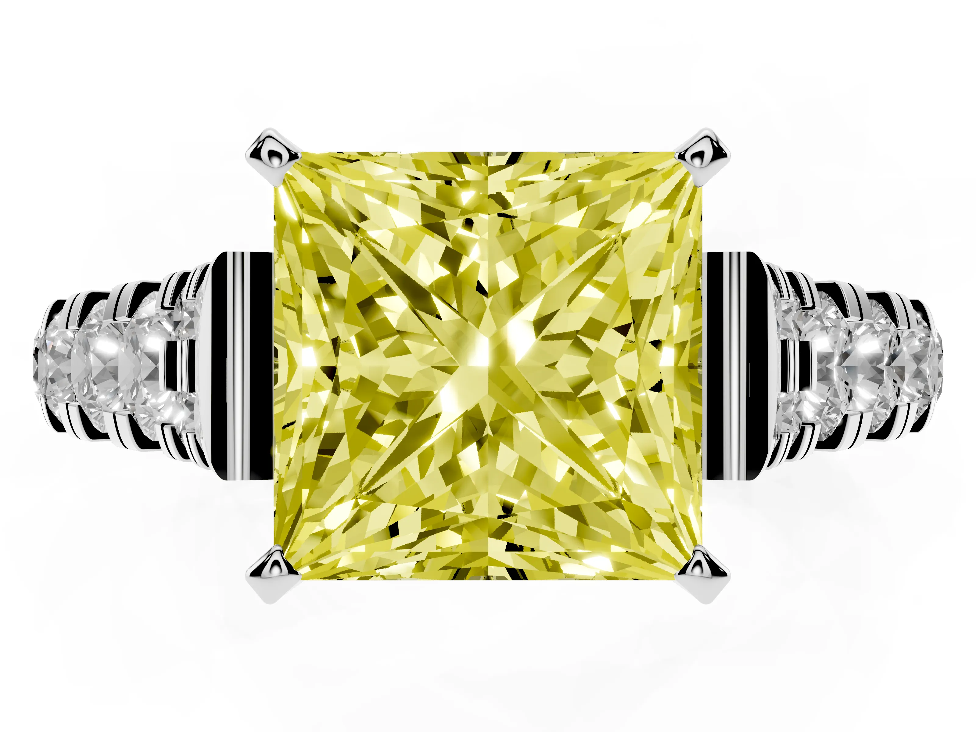Fancy Yellow Princess Cut Diamond Classic Solitaire Ring Set in Silver with Pavé Band and Prong Setting