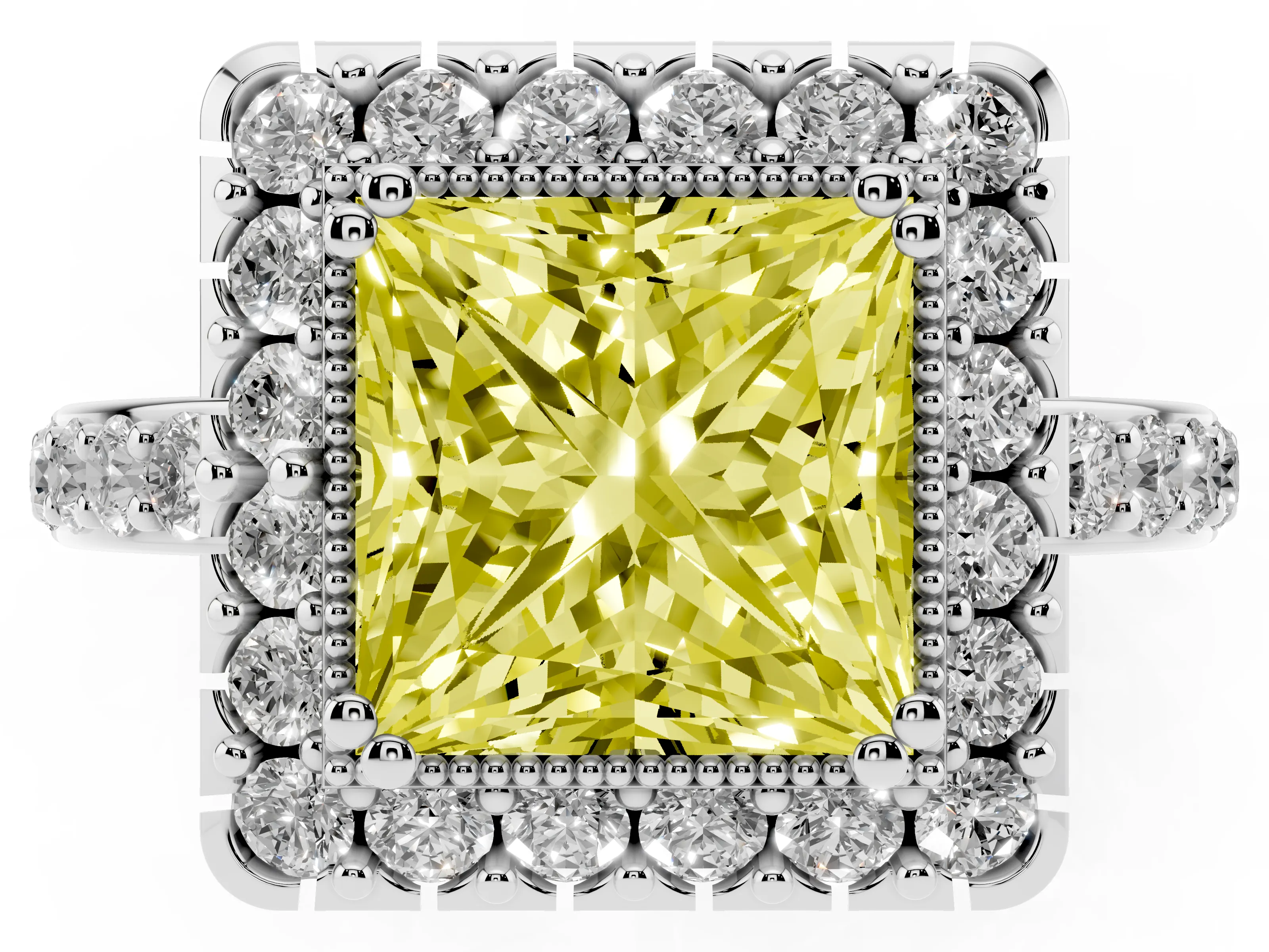Fancy Yellow Princess Cut Diamond Halo Ring Set in Silver with Pavé Shank and Prong Setting