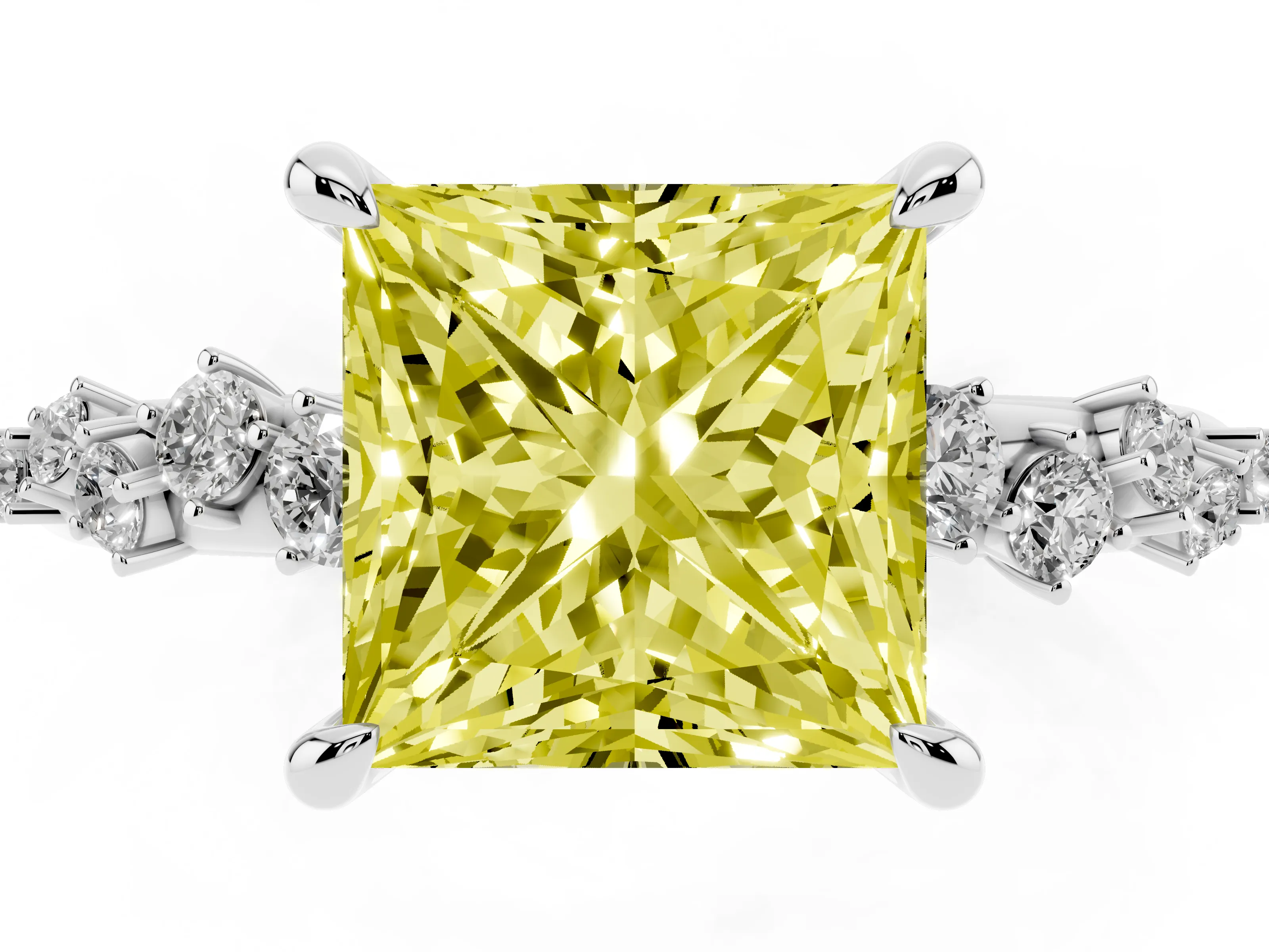 Fancy Yellow Princess Cut Diamond Solitaire Vine Band Ring Set in White gold with Round Accents and Prong Setting
