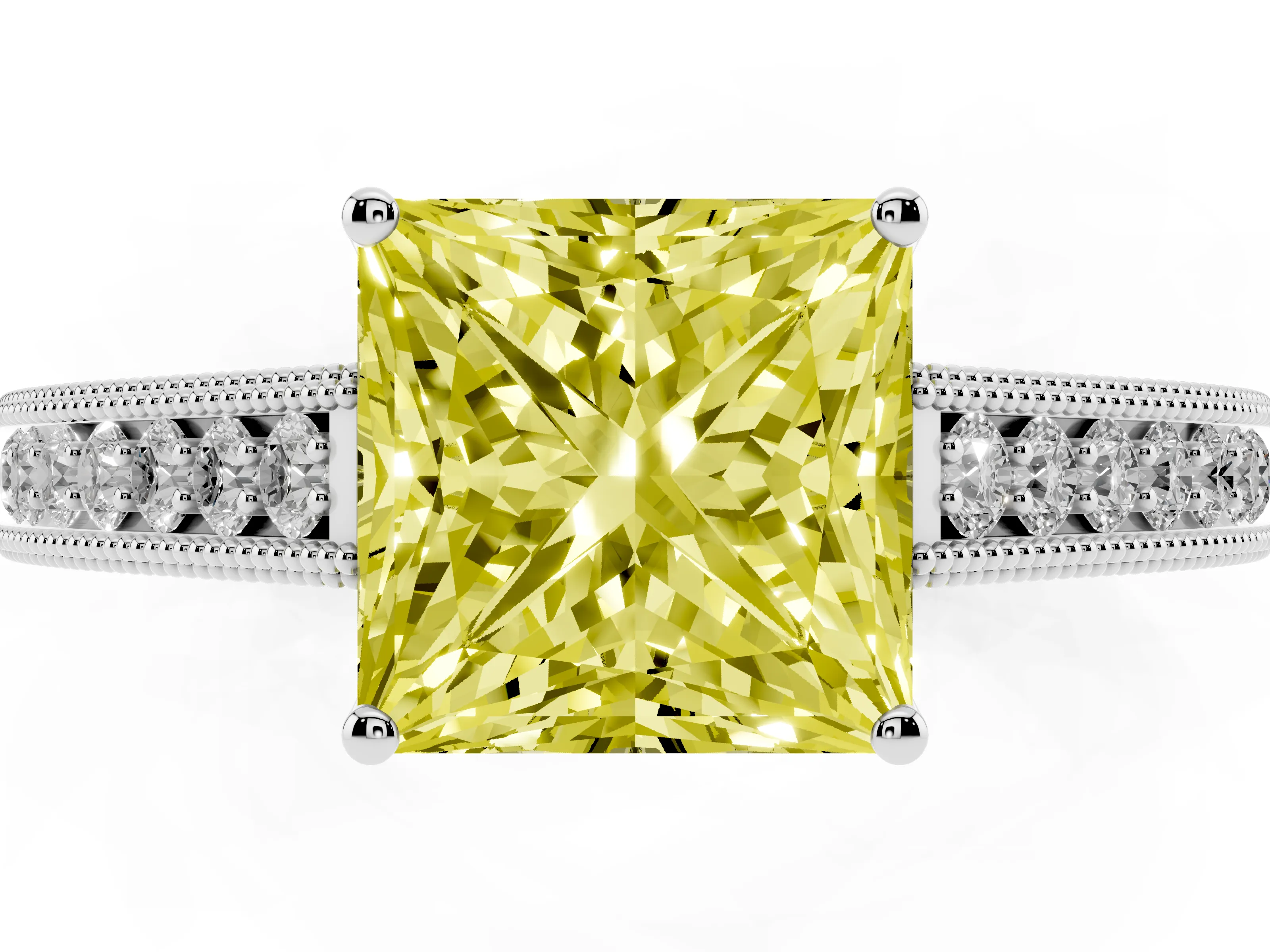 Fancy Yellow Princess Cut Diamond Milgrain Pavé Band Solitaire Ring Set in Platinum with Prong Setting