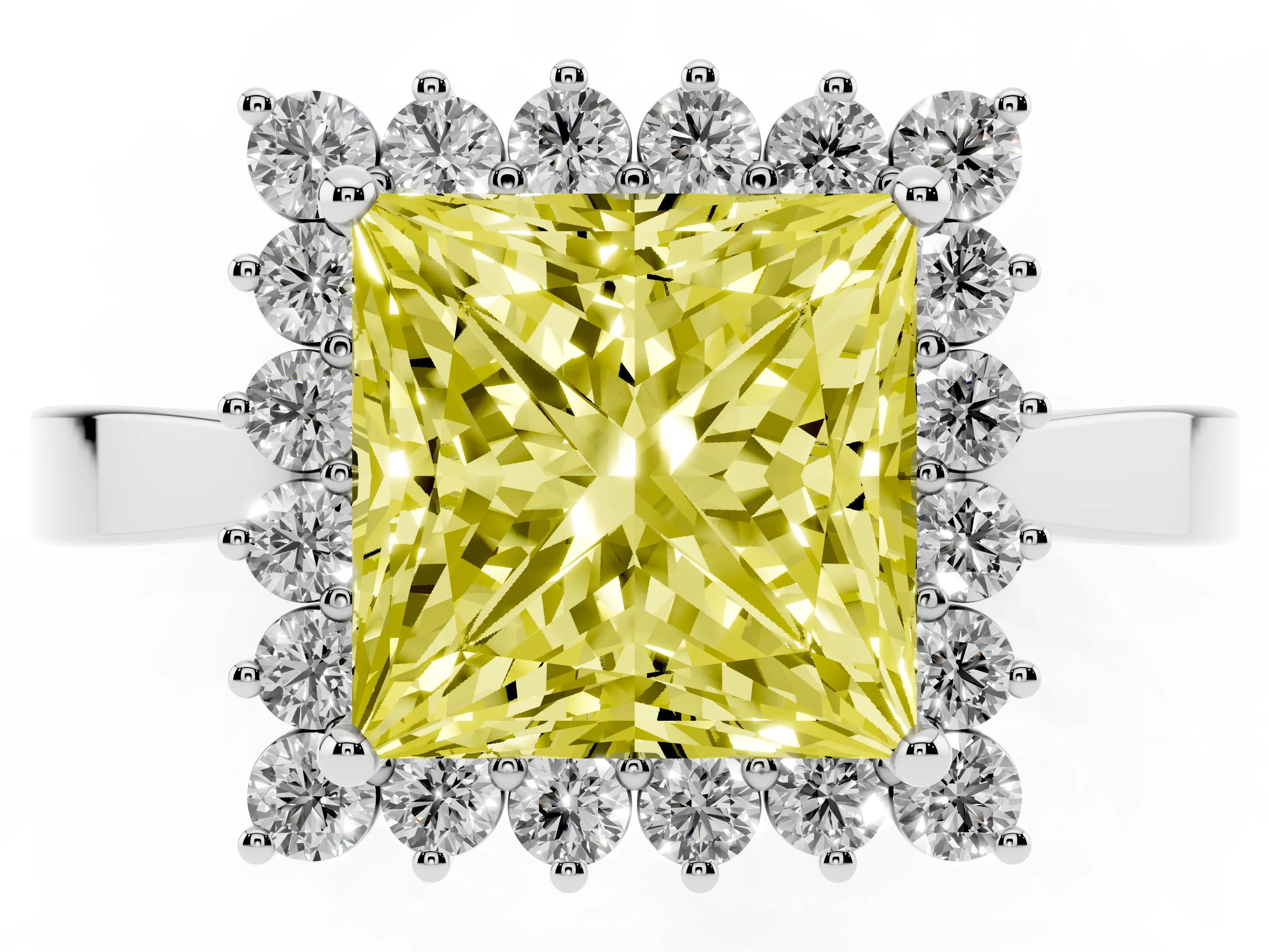 Fancy Yellow Princess Cut Diamond Halo Ring Set in White gold with Round Halo and Smooth Solitaire Band