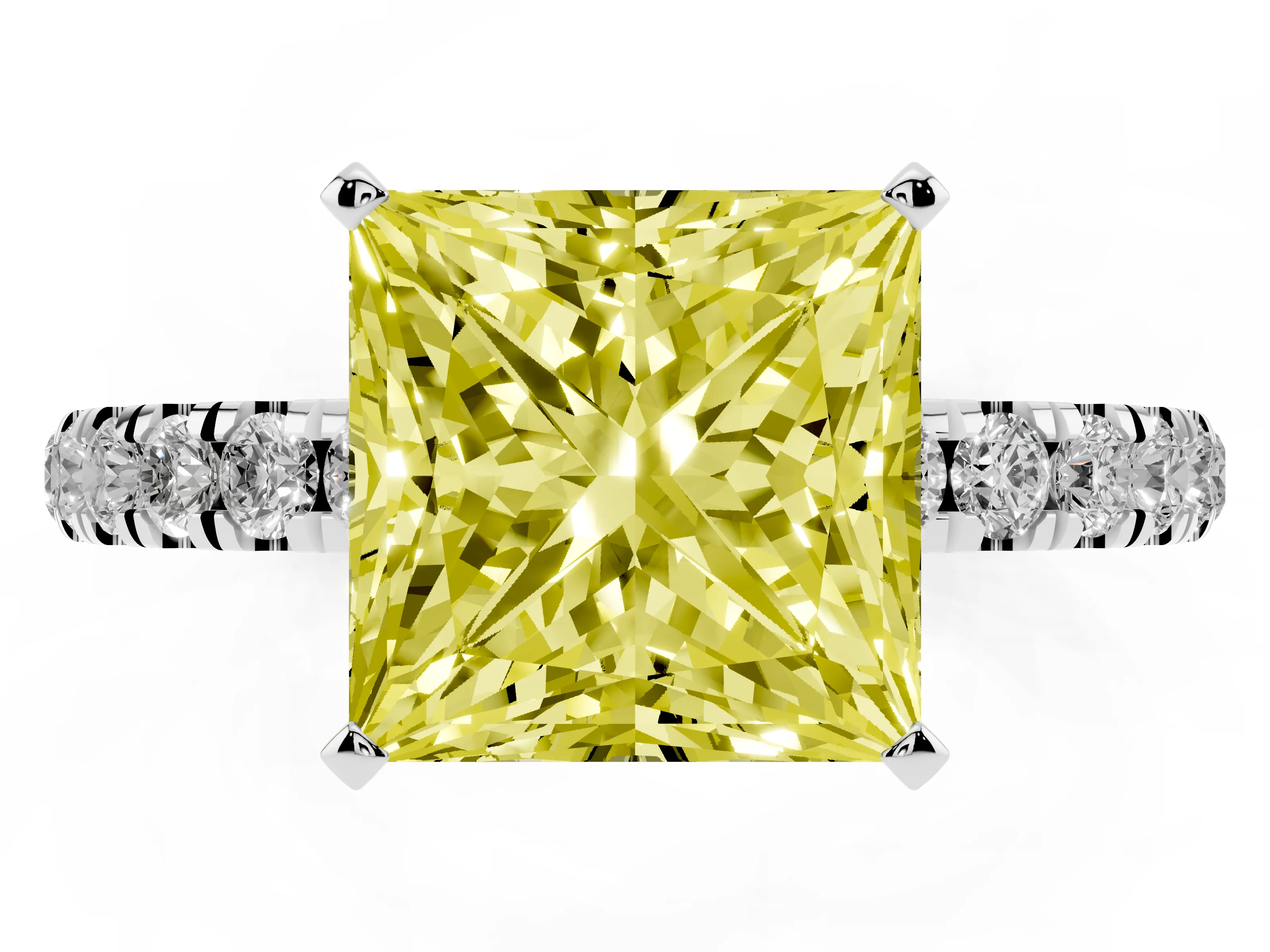 Fancy Yellow Princess Cut Diamond Solitaire Ring Set in Silver with Pavé Accents and Prong Setting