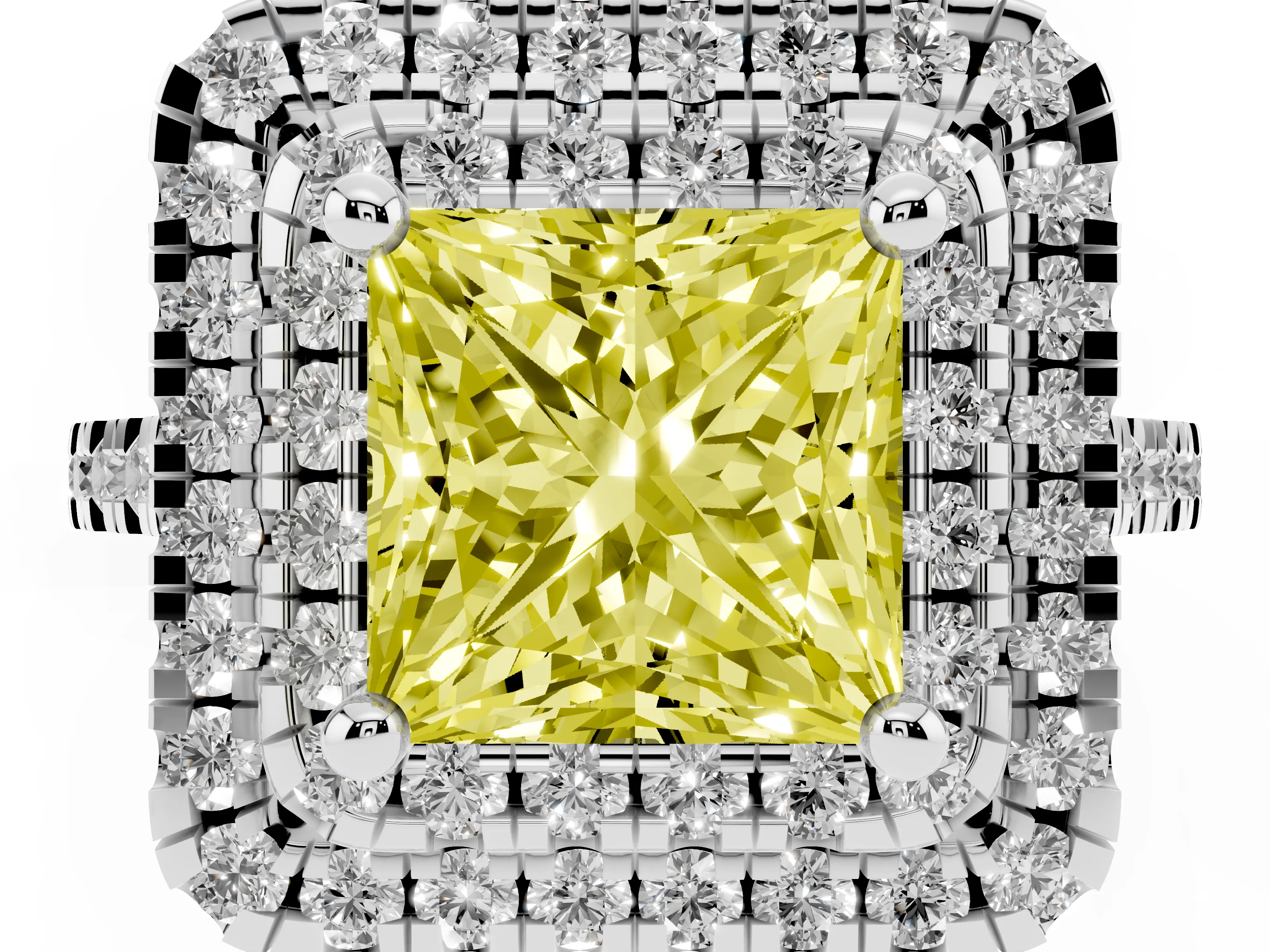 Fancy Yellow Princess Cut Diamond Double Halo Statement Ring Set in White gold with Pavé Band