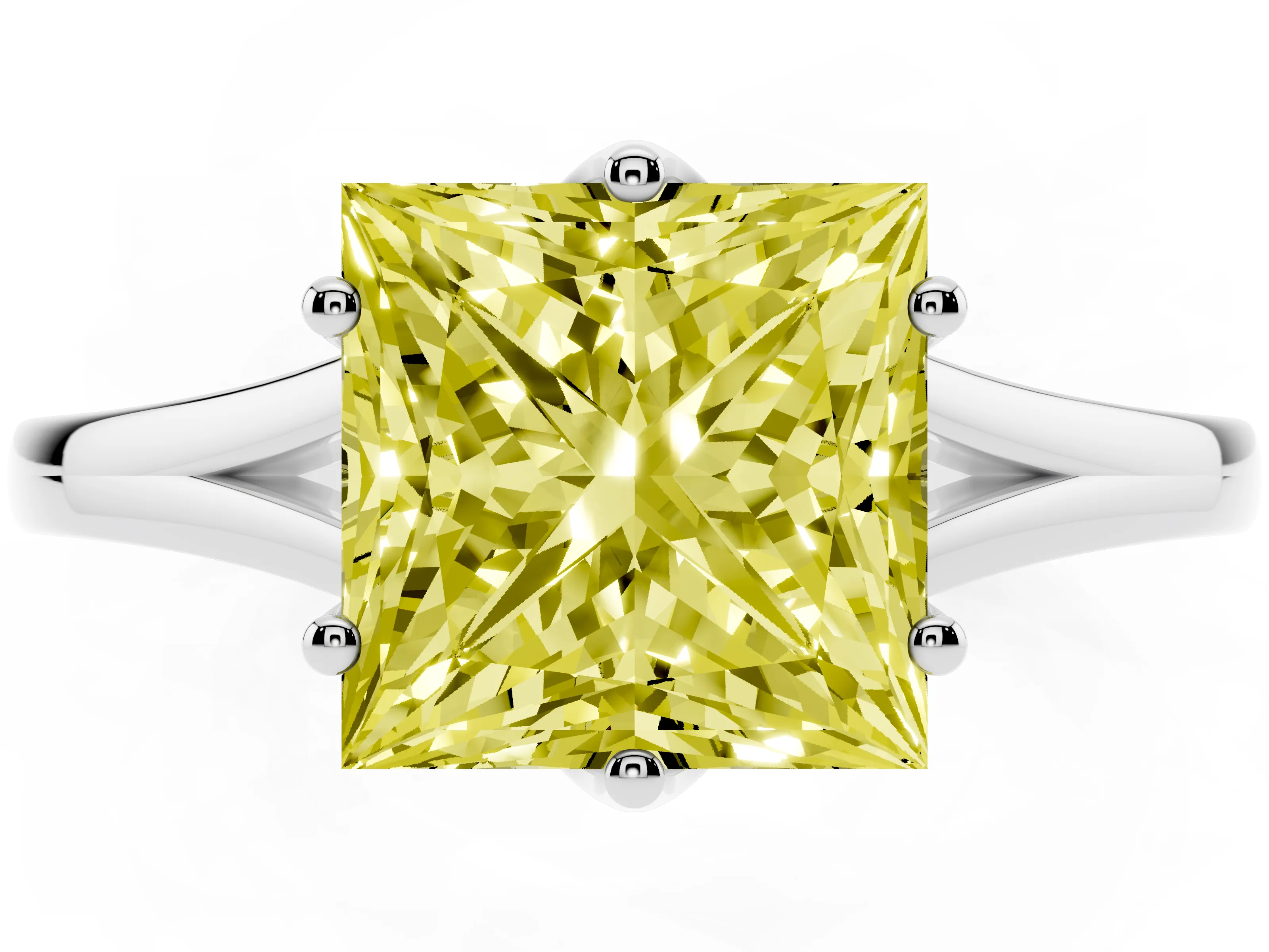 Fancy Yellow Princess Cut Diamond Solitaire Ring Set in White gold with Polished Tapered Band and Prong Setting
