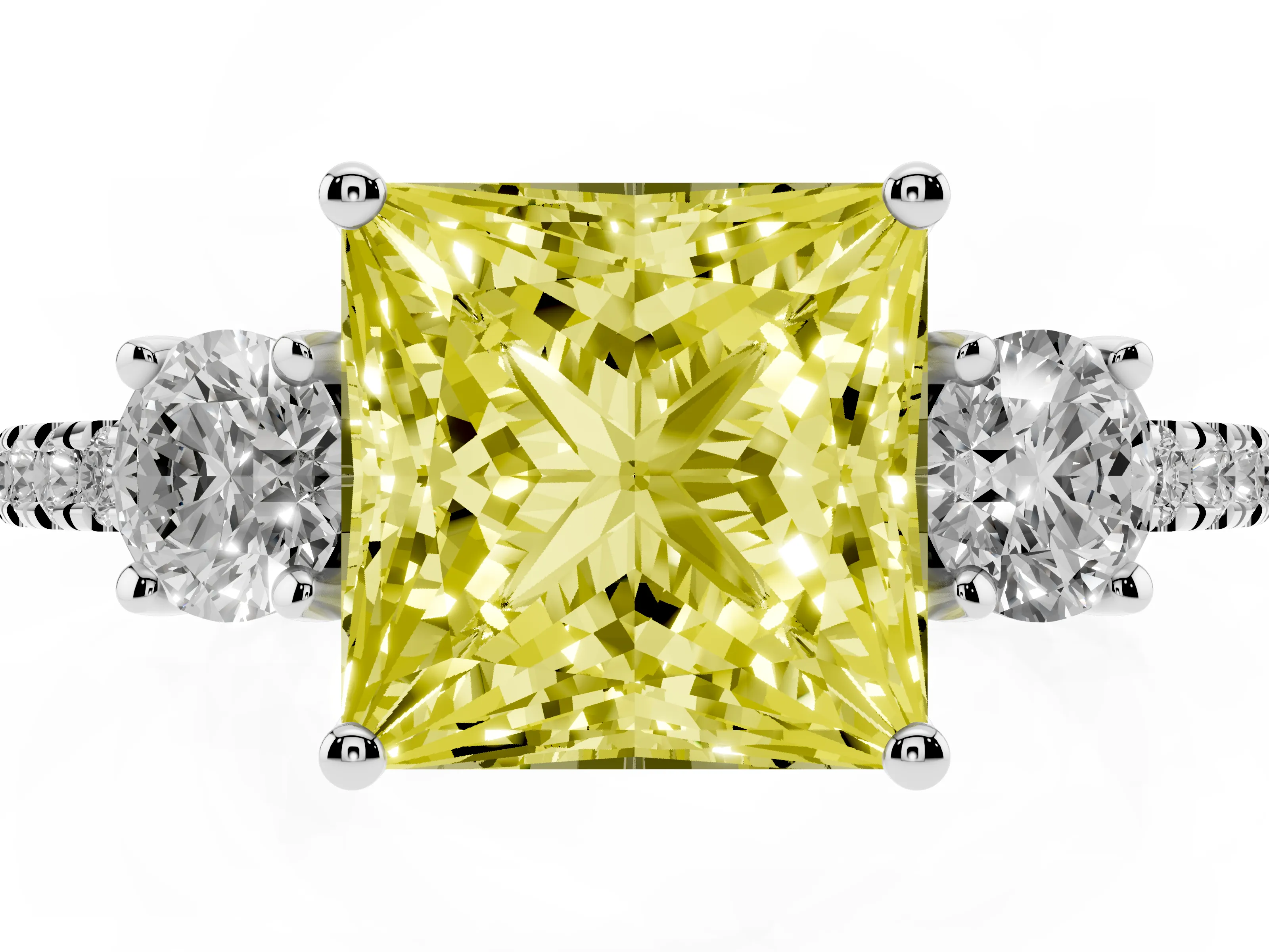 Fancy Yellow Princess Cut Diamond Three-Stone Ring Set in Silver with Pavé Band and Graduated Sides
