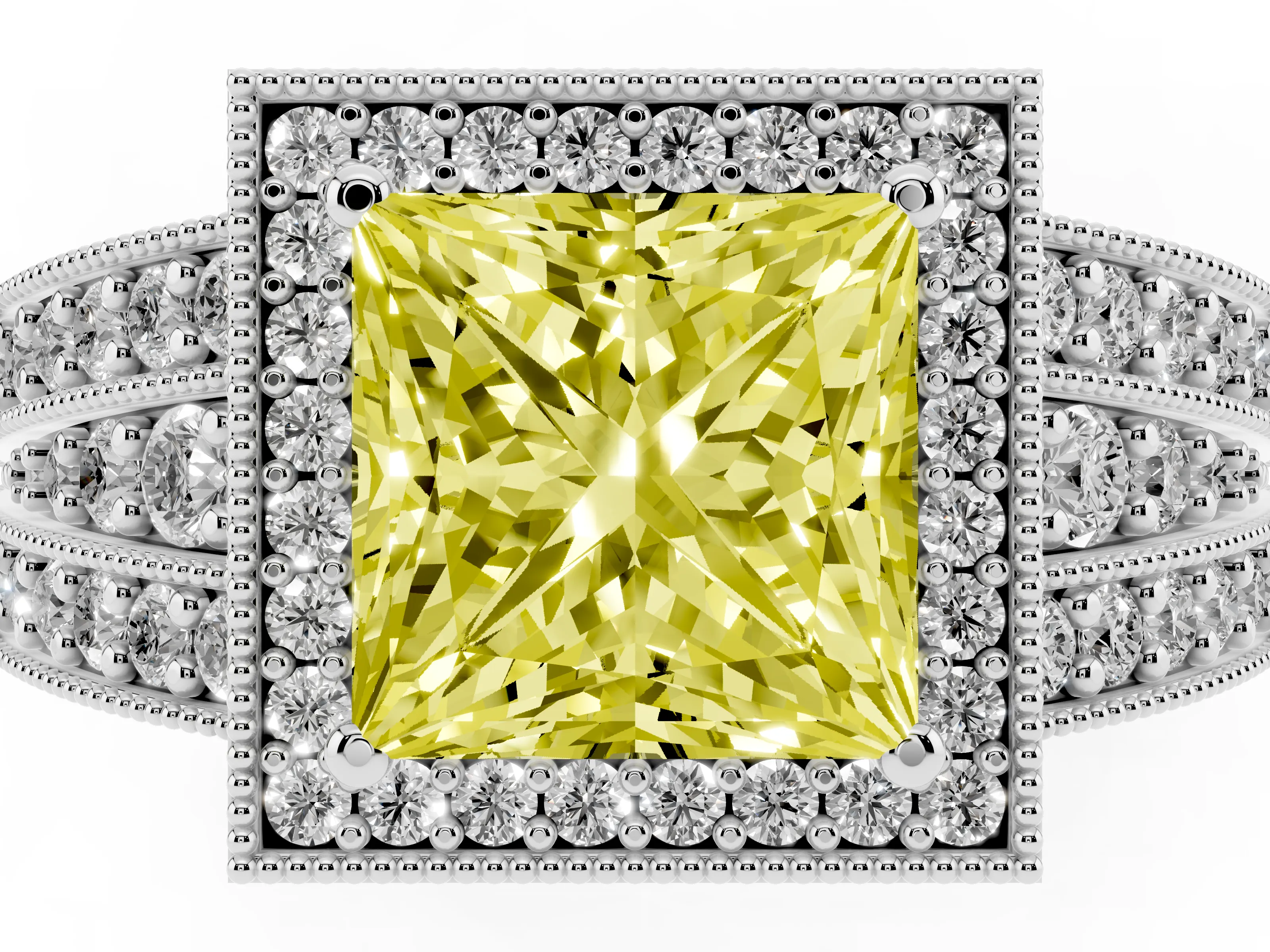 Fancy Yellow Princess Cut Diamond Halo Ring Set in White gold with Accent Split Shank and Prong Setting
