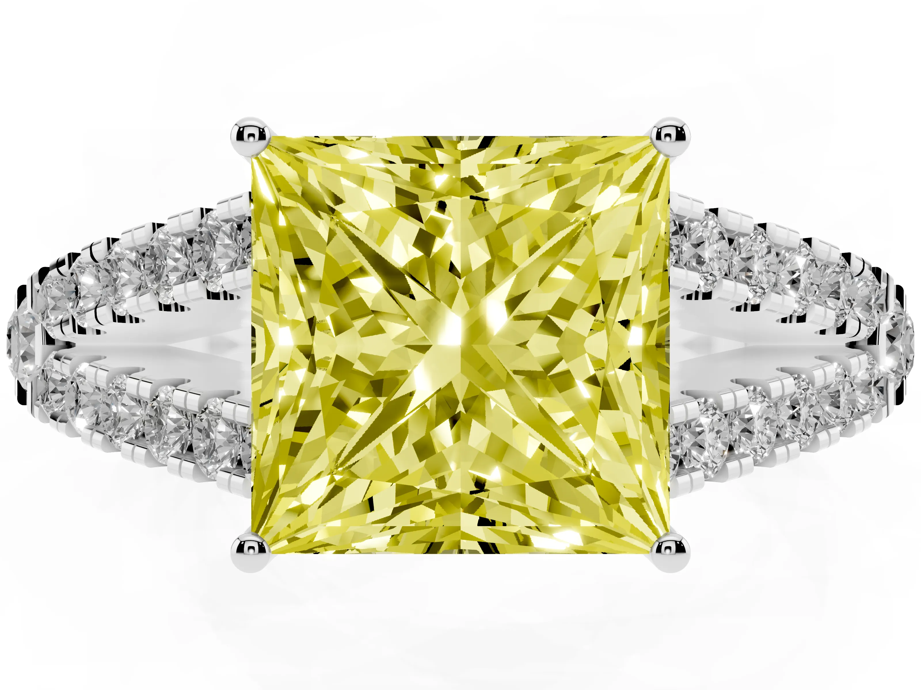 Fancy Yellow Princess Cut Diamond Split Shank Pavé Engagement Ring Set in Platinum with Prong-Held Center Stone