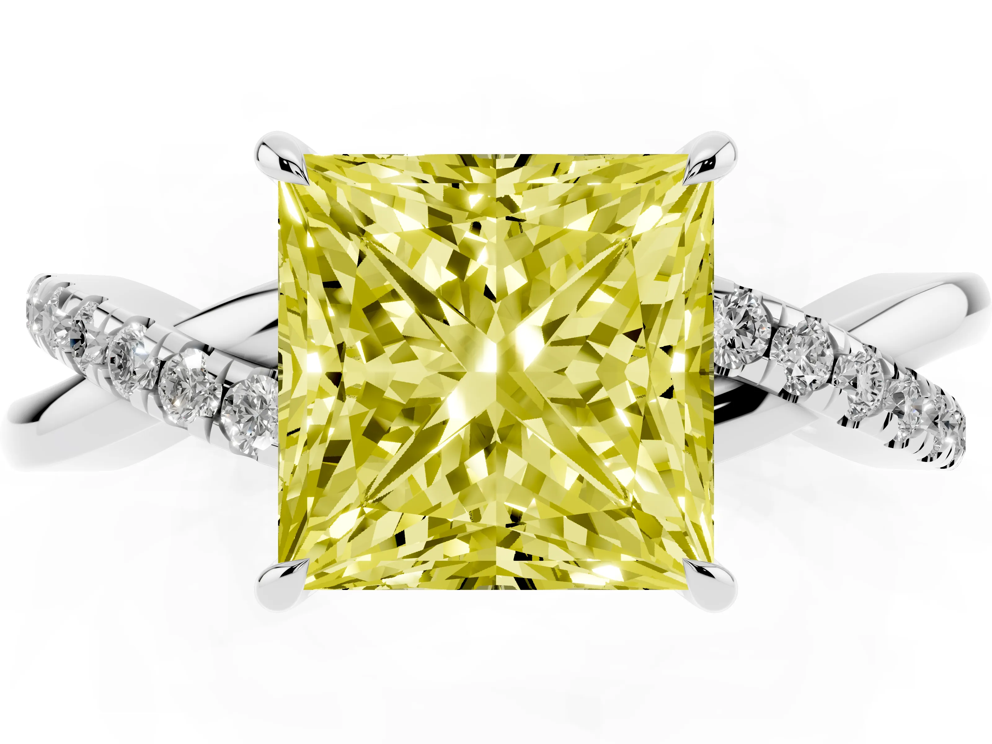 Fancy Yellow Princess Cut Diamond Twisted Pavé Band Ring Set in Silver with Prong Setting