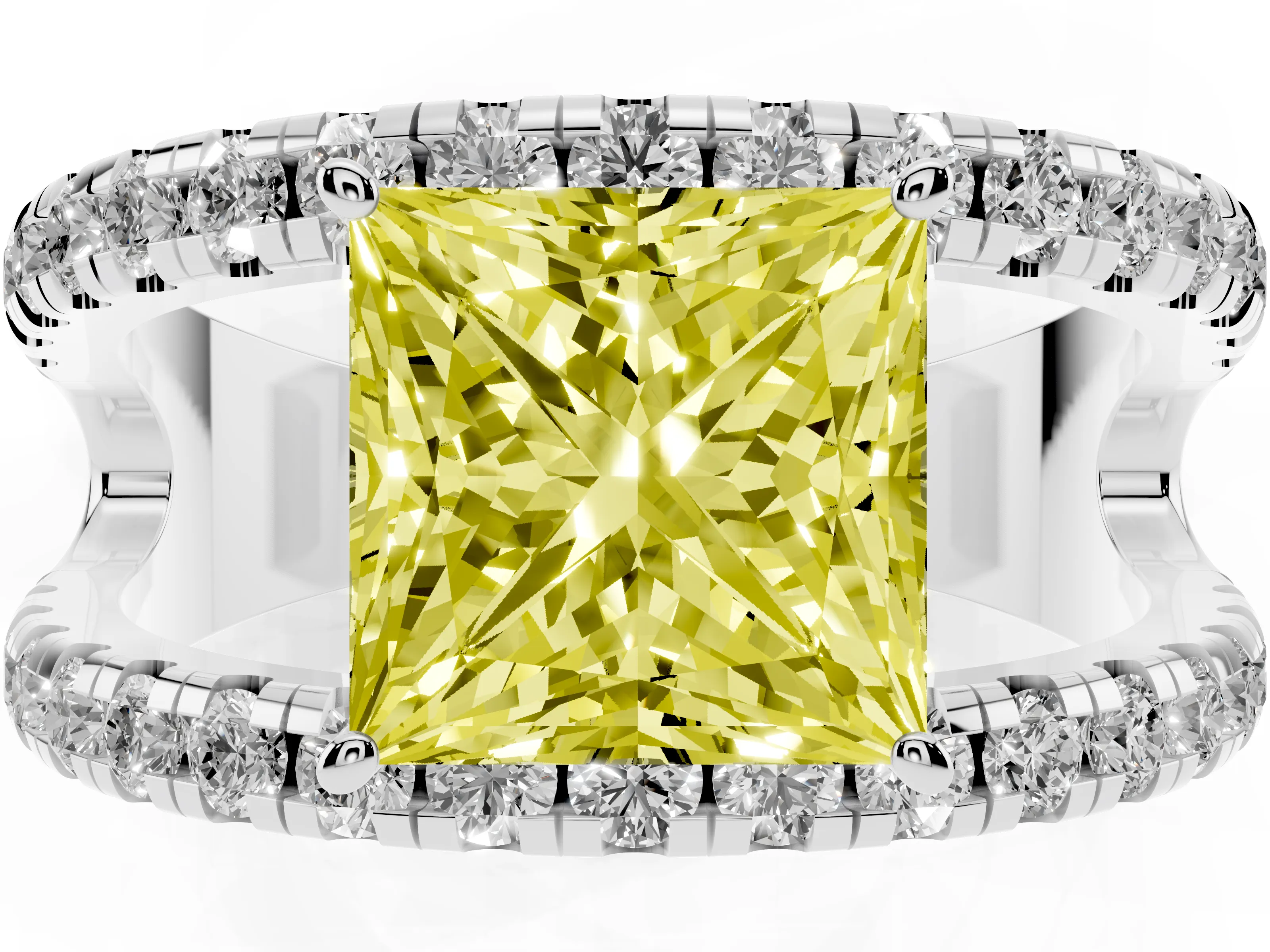 Fancy Yellow Princess Cut Diamond Split Shank Pavé Solitaire Ring Set in White gold with Open Shank Design
